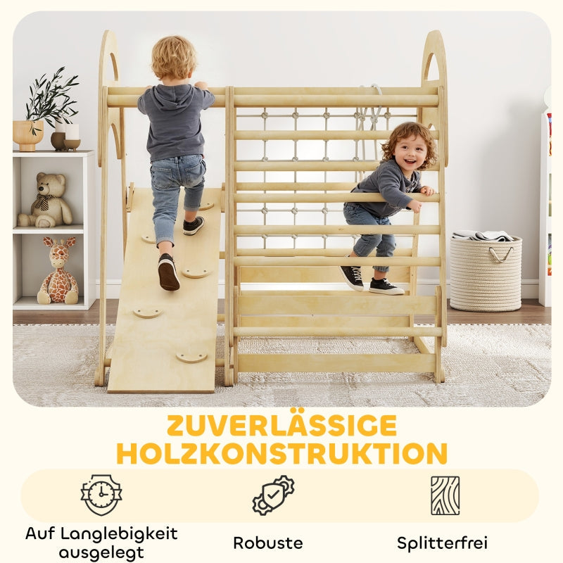 Indoor Climbing Frame 6-in-1 Slide Wall Net Ages 3-6 - Wood