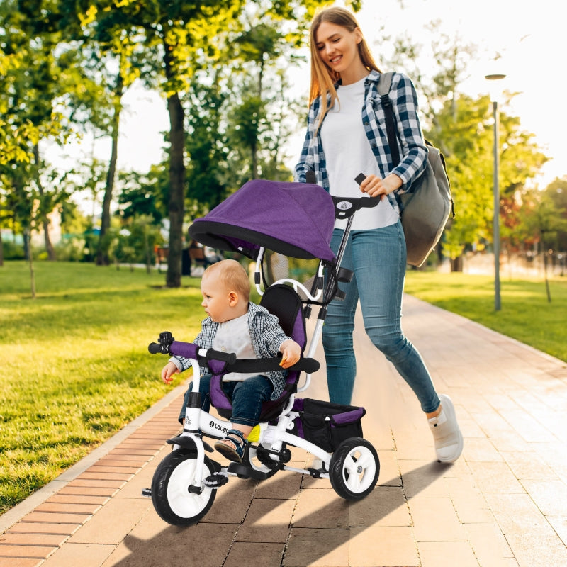6-in-1 Tricycle with Push Bar, Sun Canopy, Safety Harness, Purple
