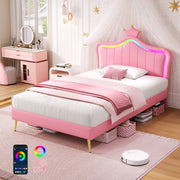 3ft Single Upholstered Bed with LED Adjustable Crown Headboard, PU Leather, Pink