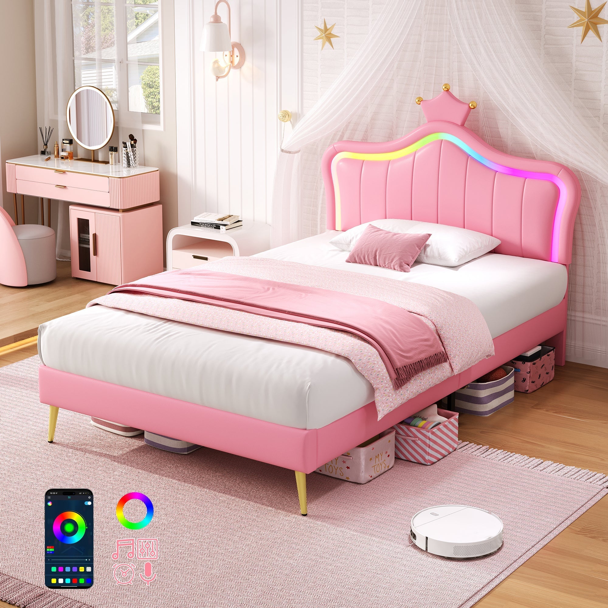3ft Single Upholstered Bed with LED Adjustable Crown Headboard, PU Leather, Pink