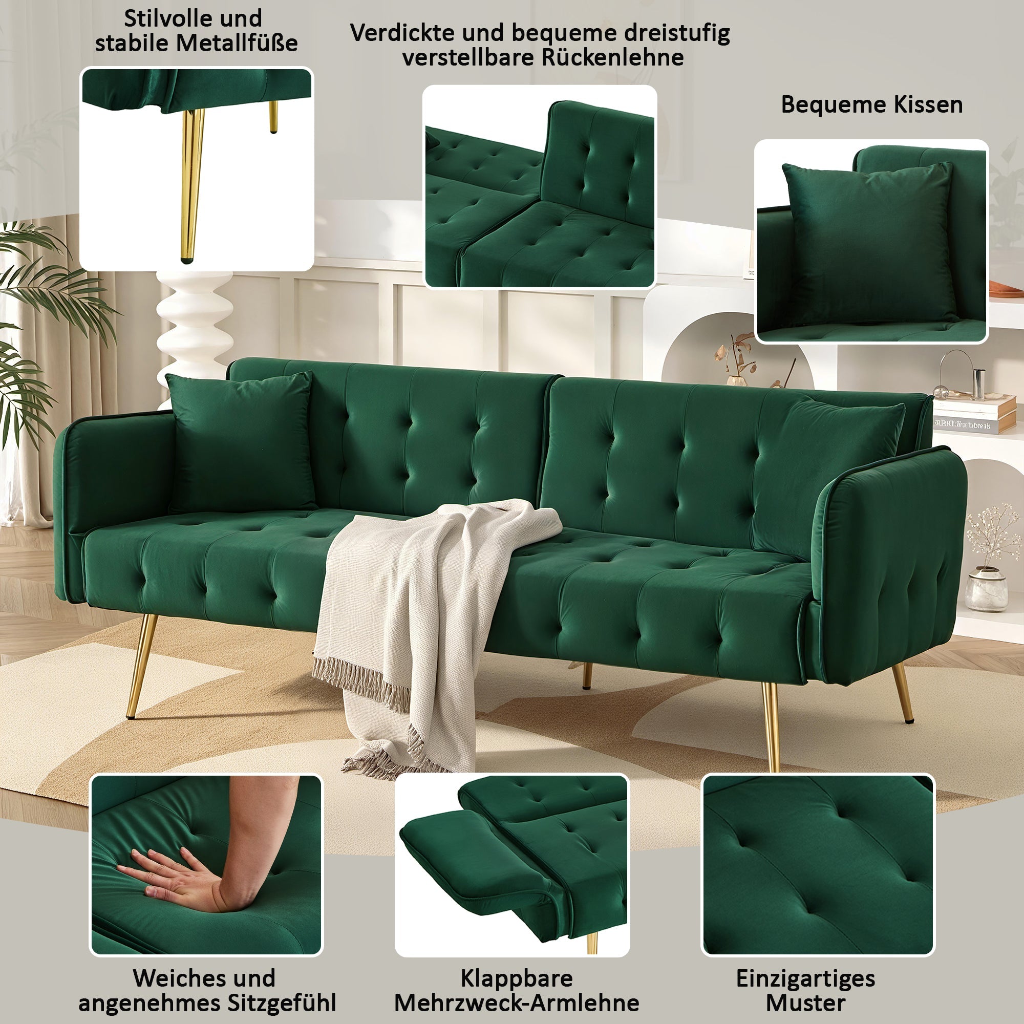 Two-seater Folding Sofa Bed Multifunctional Adjustable Velour