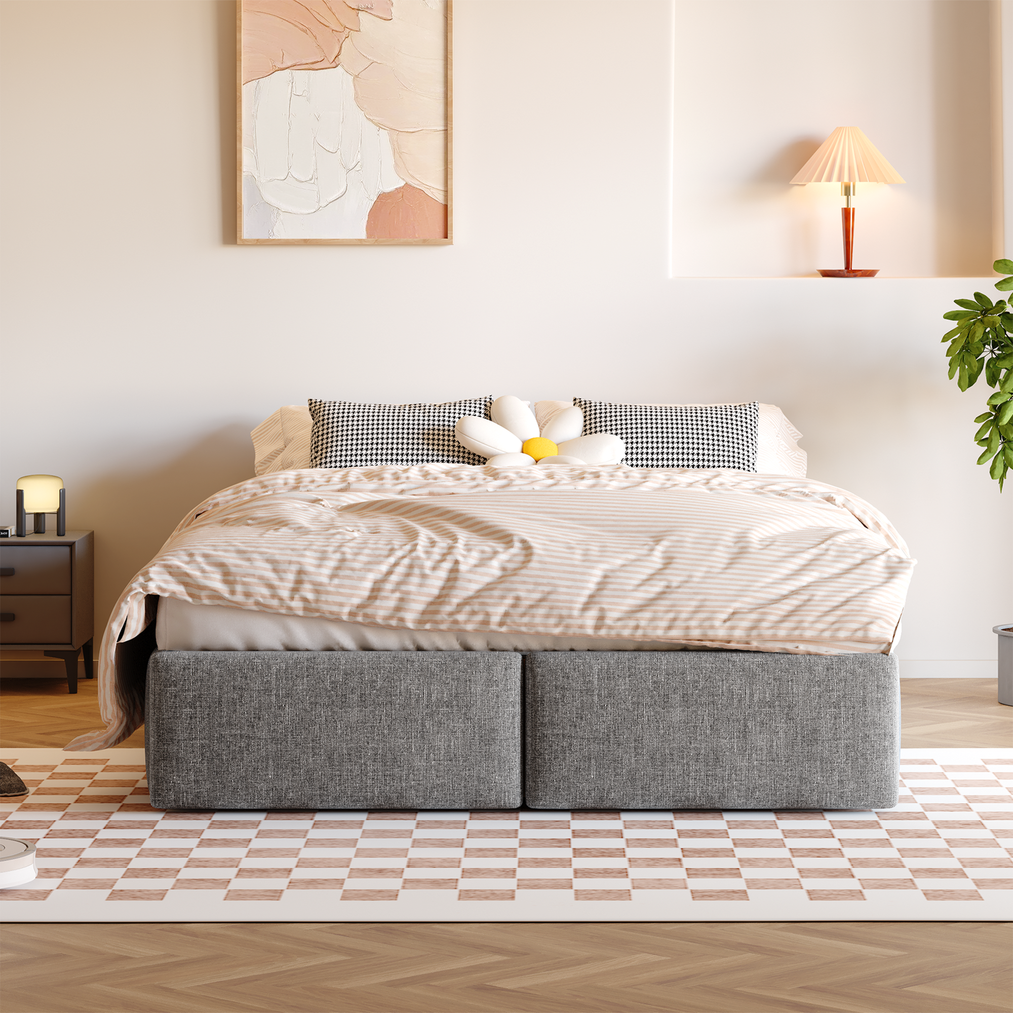 Upholstered Bed 140x200cm Hydraulic Storage 2 Drawers No Headboard - Grey