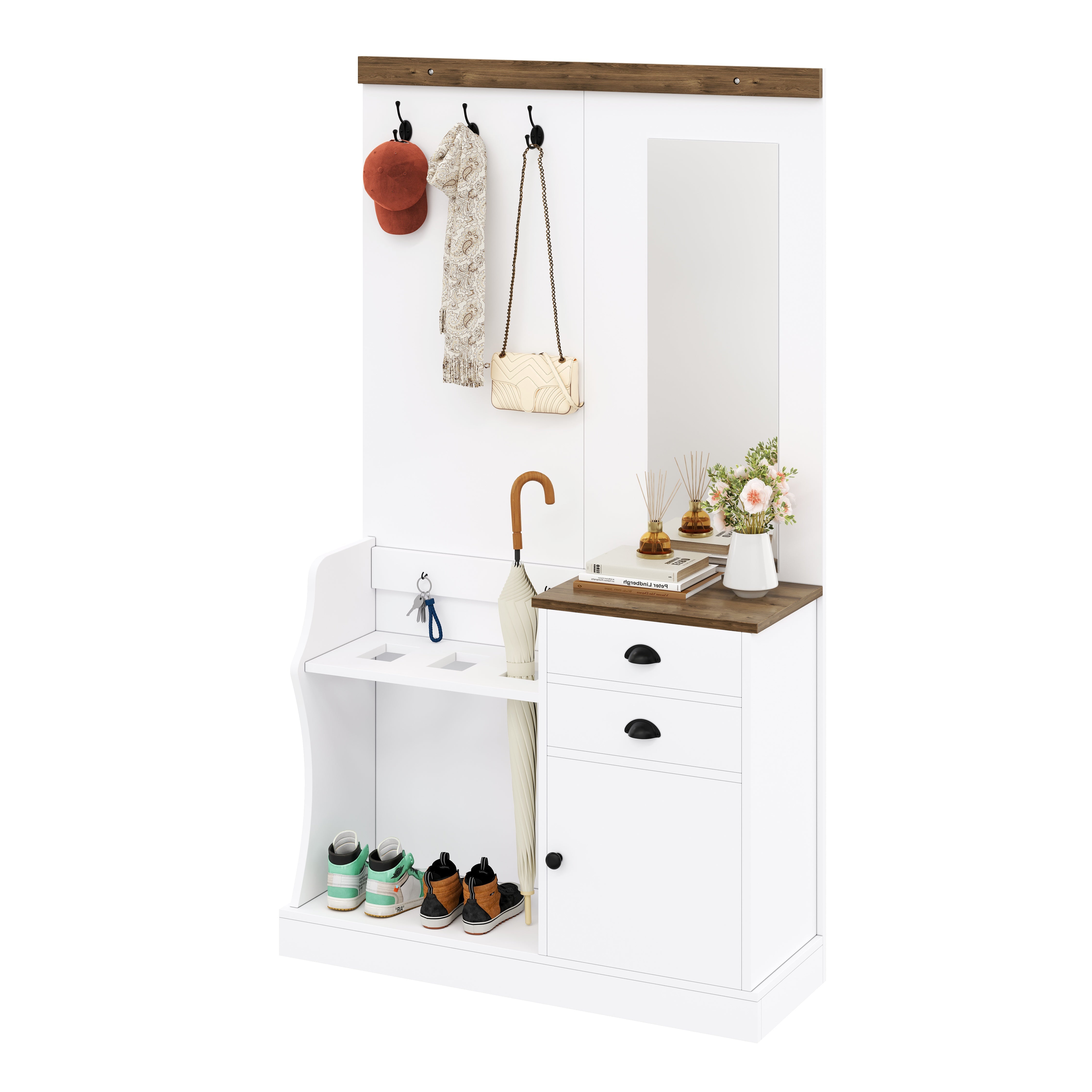 Wardrobe Set with Mirror, Hooks, Drawers & Umbrella Stand, Wood and White