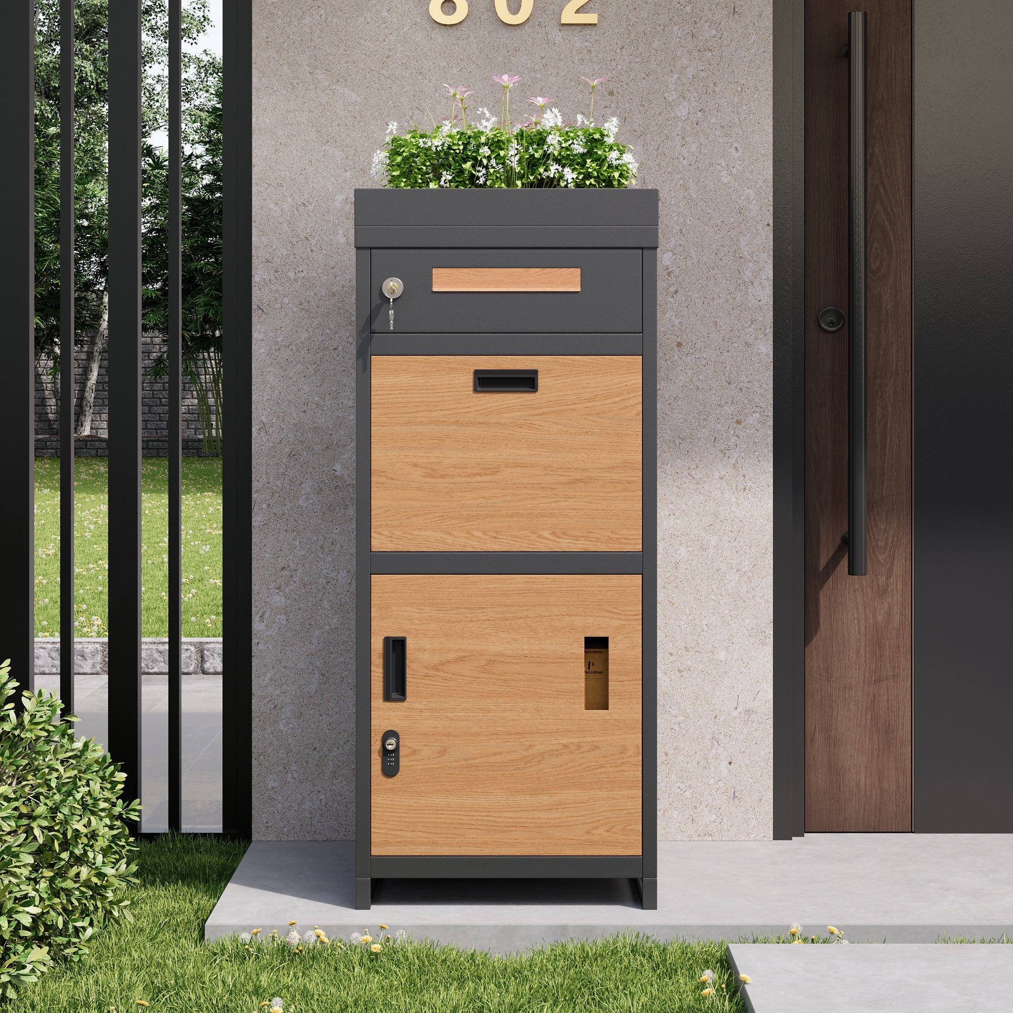 Parcel Mailbox with Combination Lock and Flower Bed, Integrated Lockable Storage Cabinet, Metal