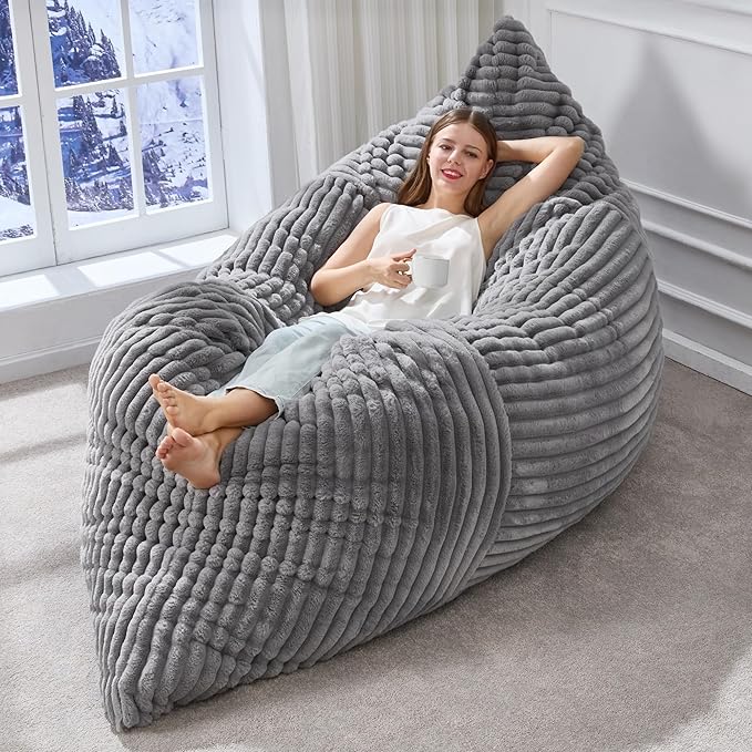 3-in-1 Convertible Bean Bag Chair Lounger with Memory Foam & Washable Cover, Light Gray Corduroy
