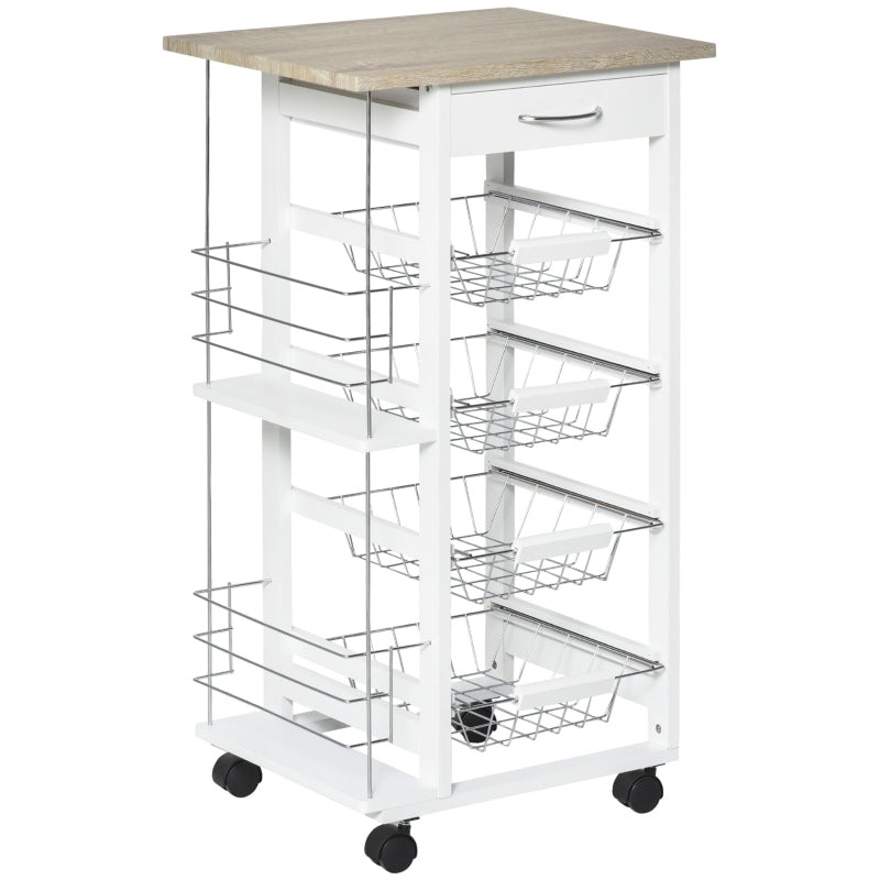 Rolling Kitchen Cart with 4 Basket Drawers & Side Racks, Natural and White