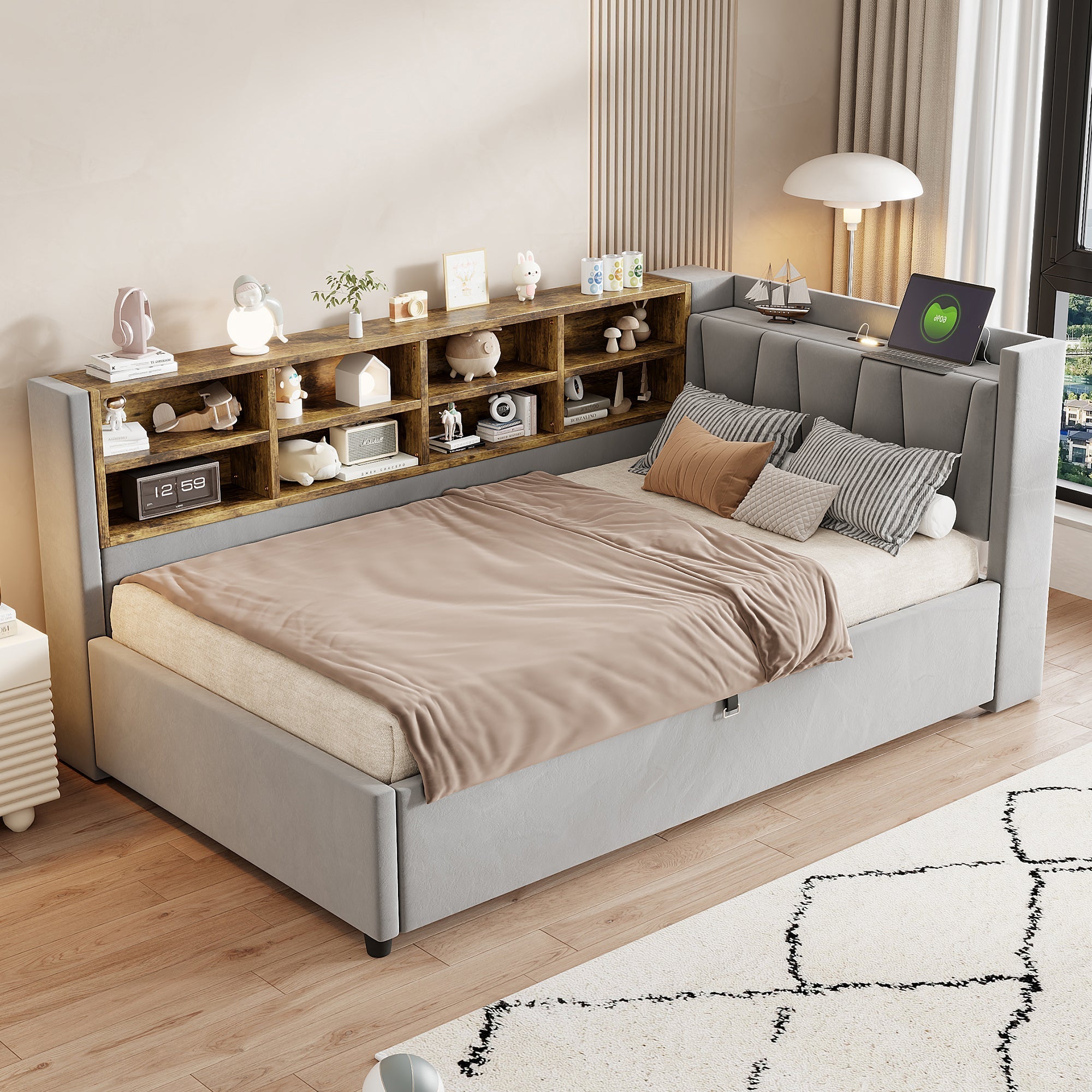 Upholstered Bed/Sofa Bed 90x200cm Hydraulic Storage USB/Type-C Charging Velvet Light Grey