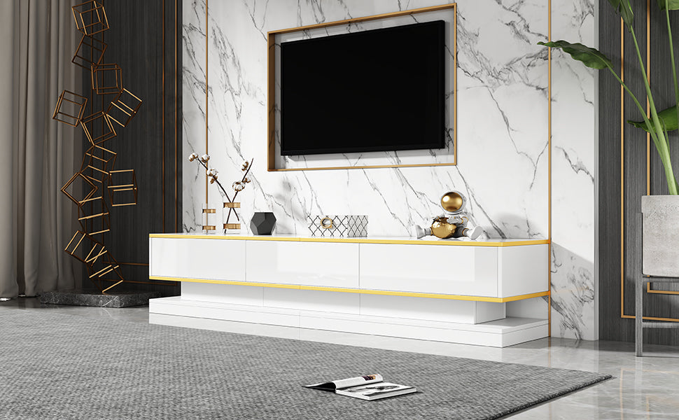 TV Cabinet, 200x40x40cm Lowboard with 3 Drawers, High-Gloss, Warm White with Gold Edge