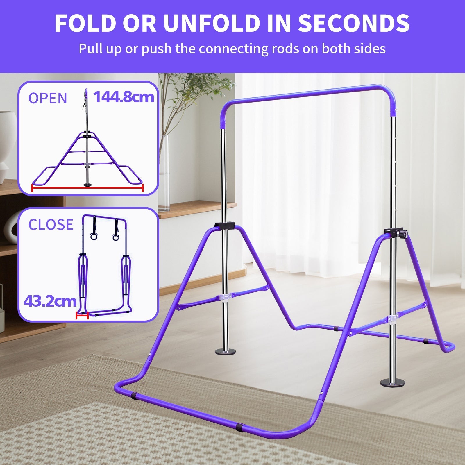 Expandable Gymnastics Bar, Height Adjustable Folding Junior Training, Purple