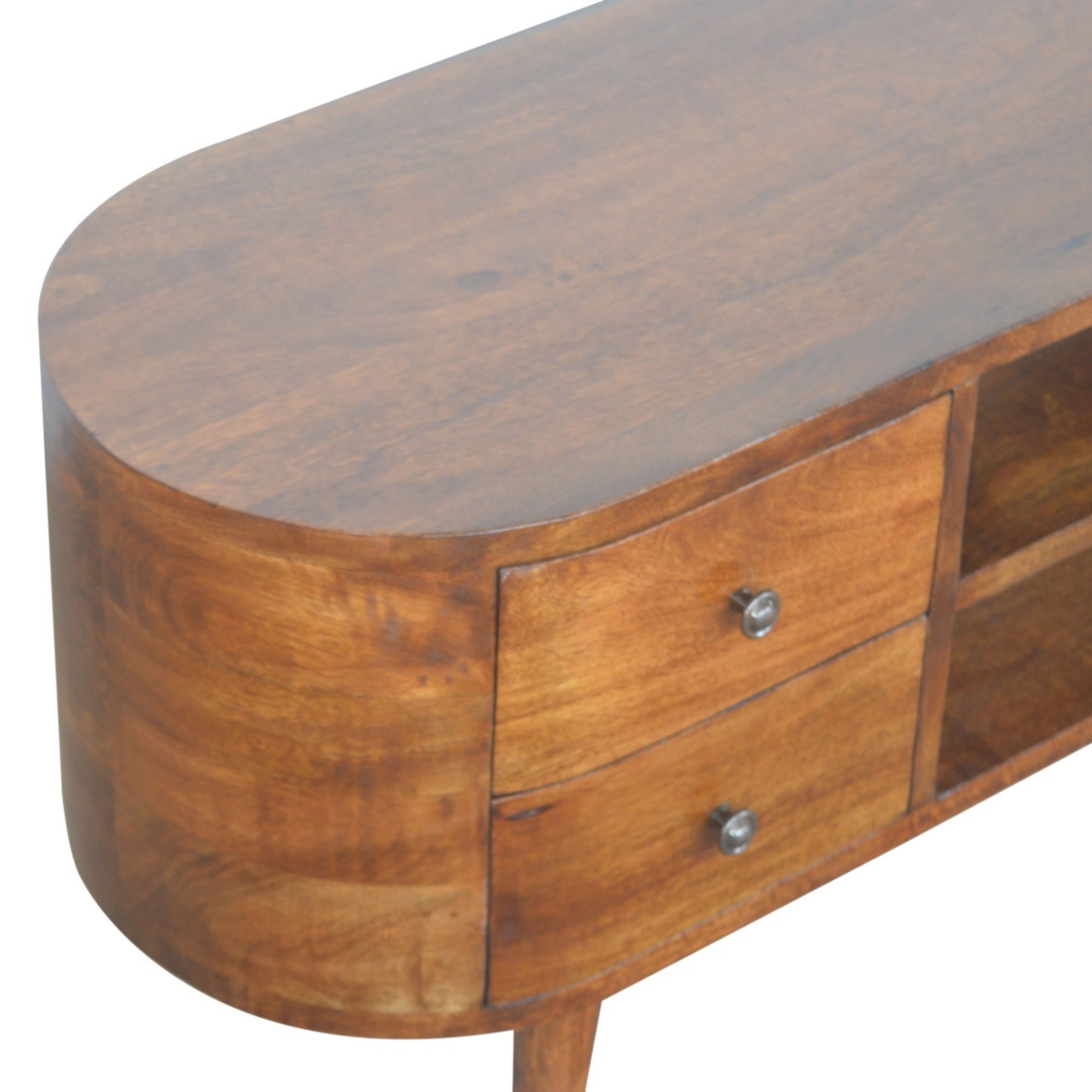 Solid Wood Entertainment Unit, Rounded 4 Drawers 2 Open Slots, Dark Brown Chestnut