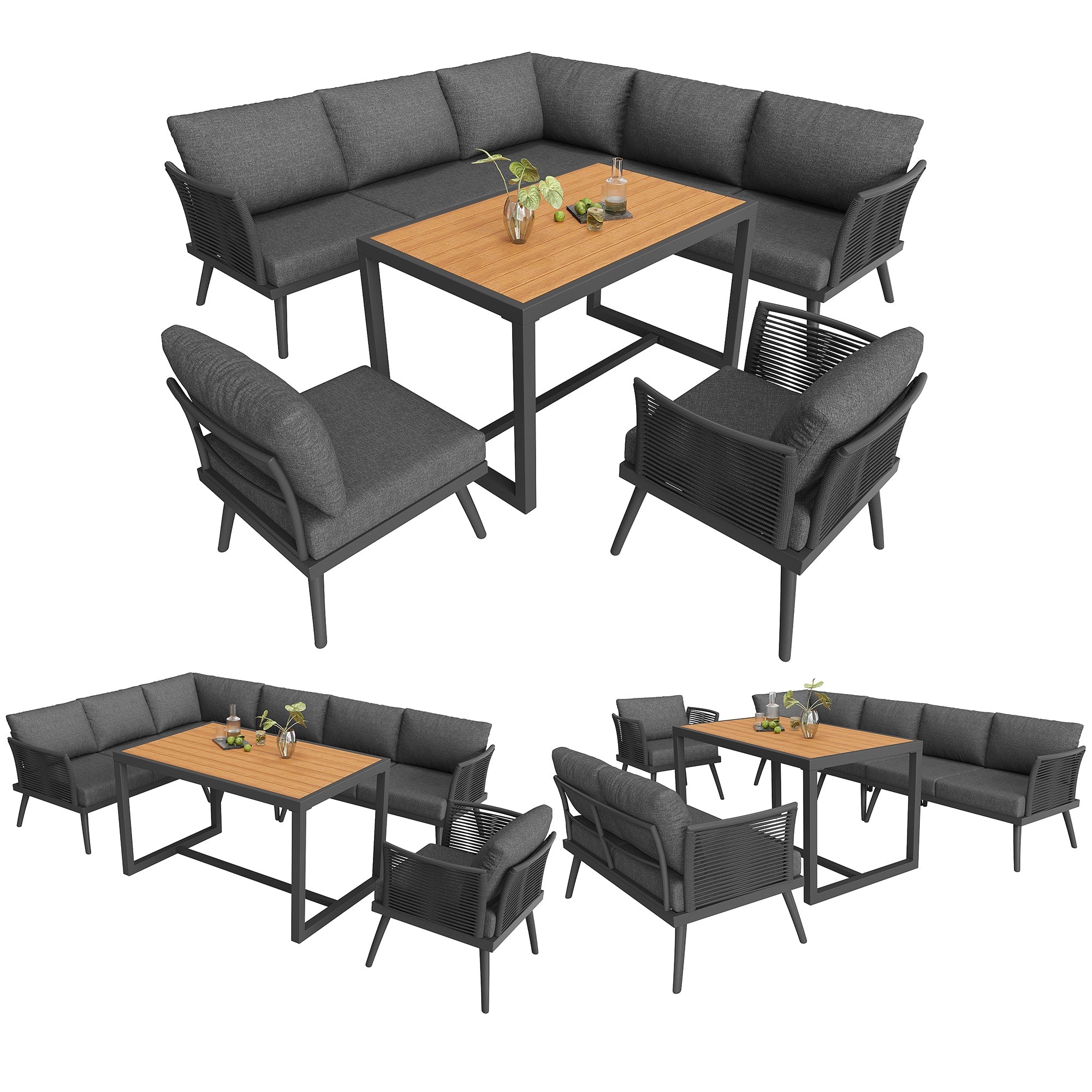 Seven-Seater L-Shaped Garden Sofa Set with Coffee Table and Armchair, Iron and Wood, Grey/Beige