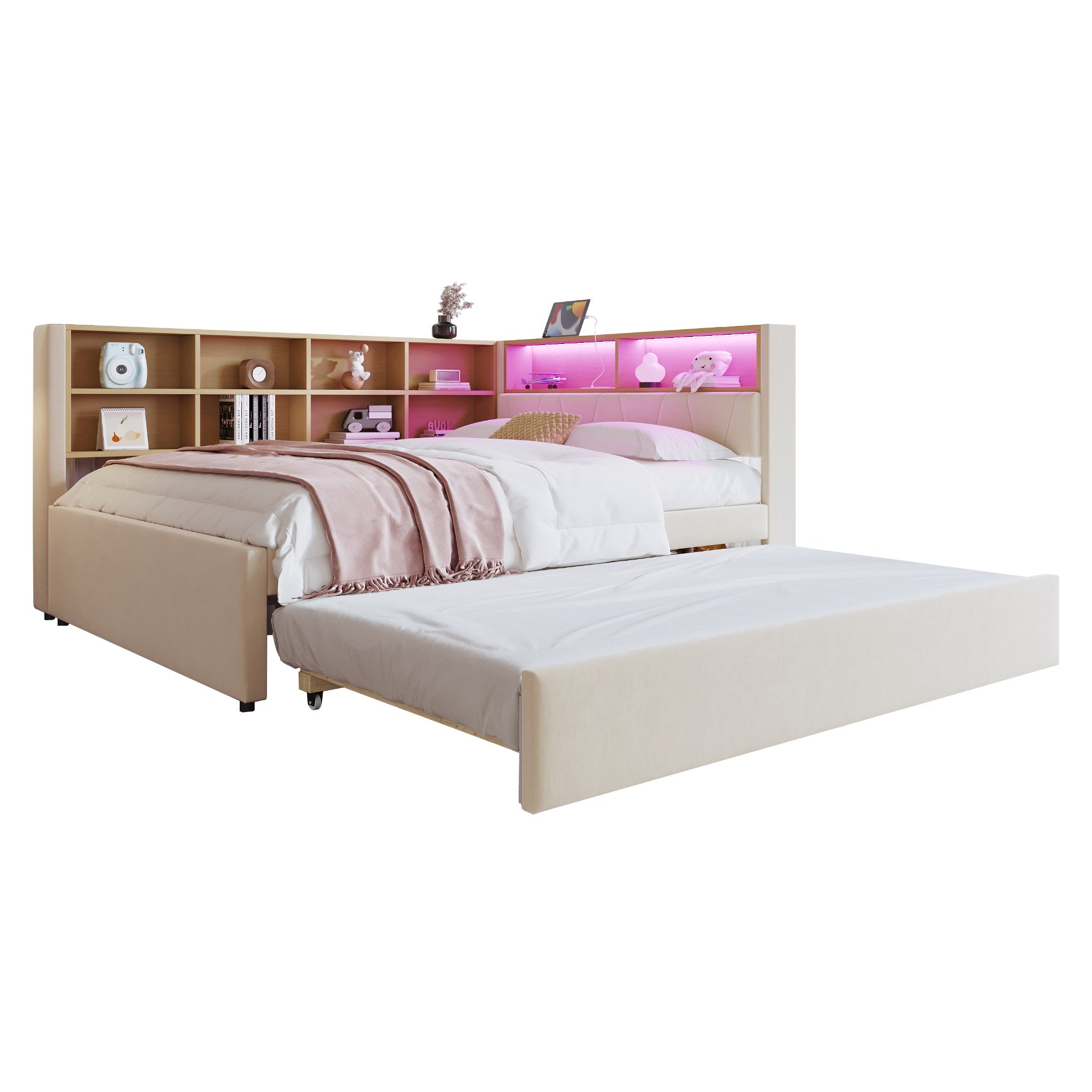 Sofa Bed 140x200, Pull-out 90x190, LED Lights & Storage, Flannel Beige