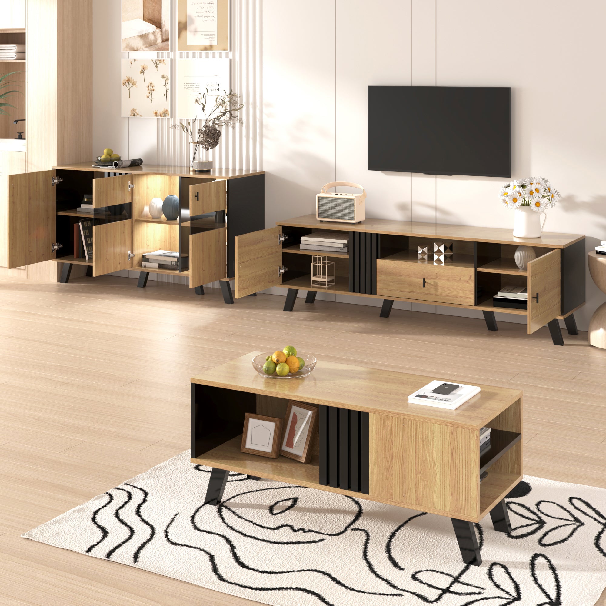 Living Room Furniture Set, 3-Piece Coffee Table TV Cabinet Sideboard, Wood and Black