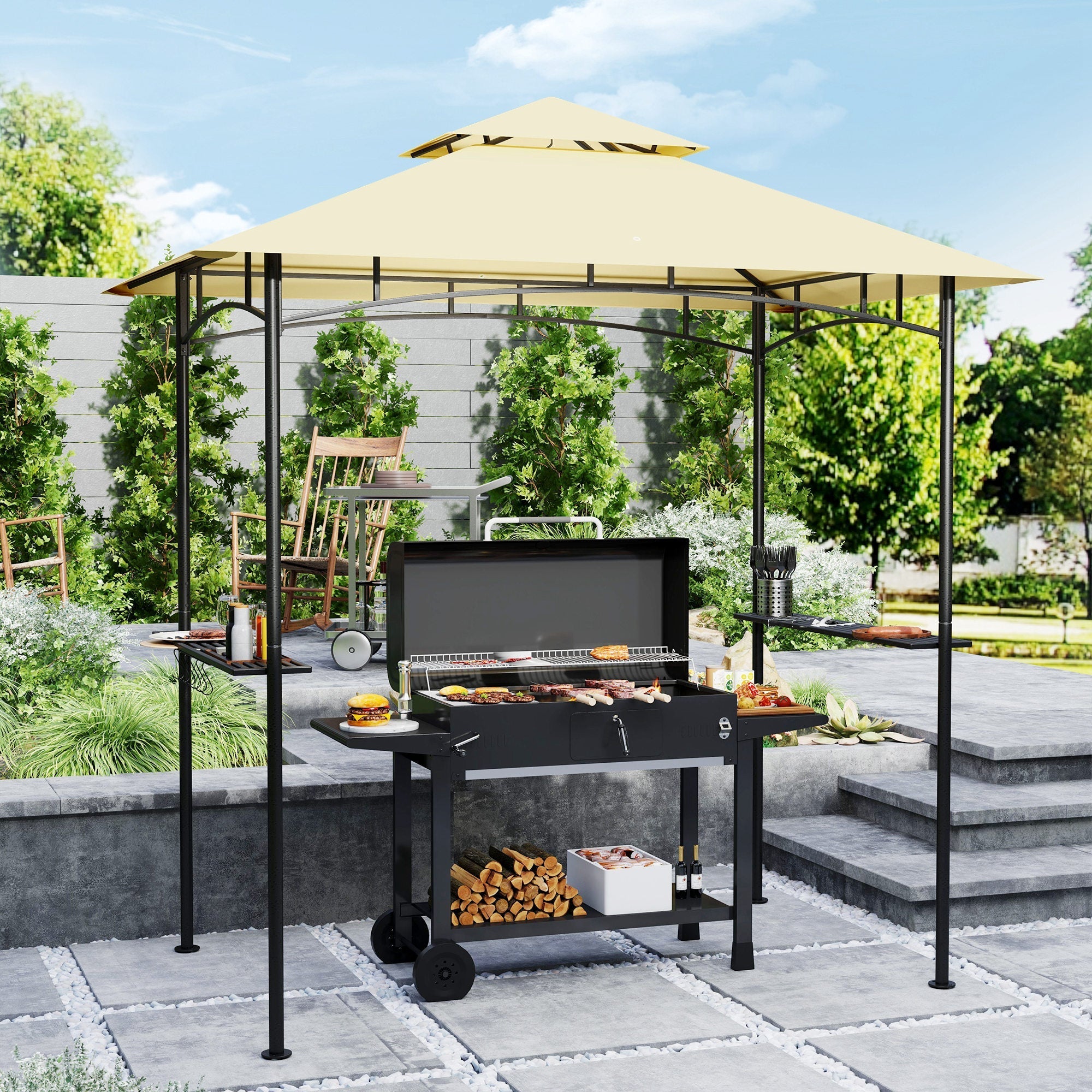 BBQ-Pavillon, doppelwandiges LED-Dach, Seitenablagen, Beige
