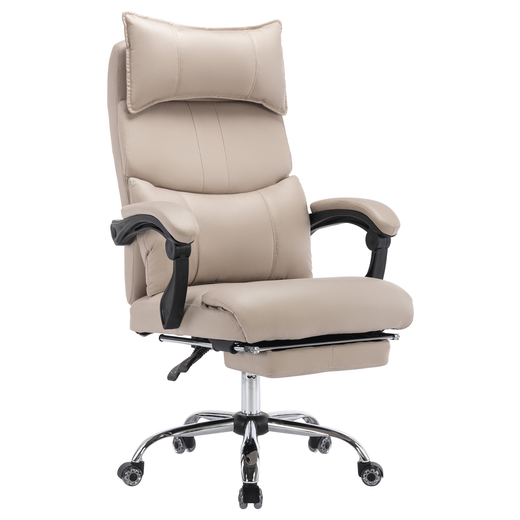 Ergonomic Executive Office Chair - Height Adjustable Swivel Double Lumbar Support - Beige PU Leather