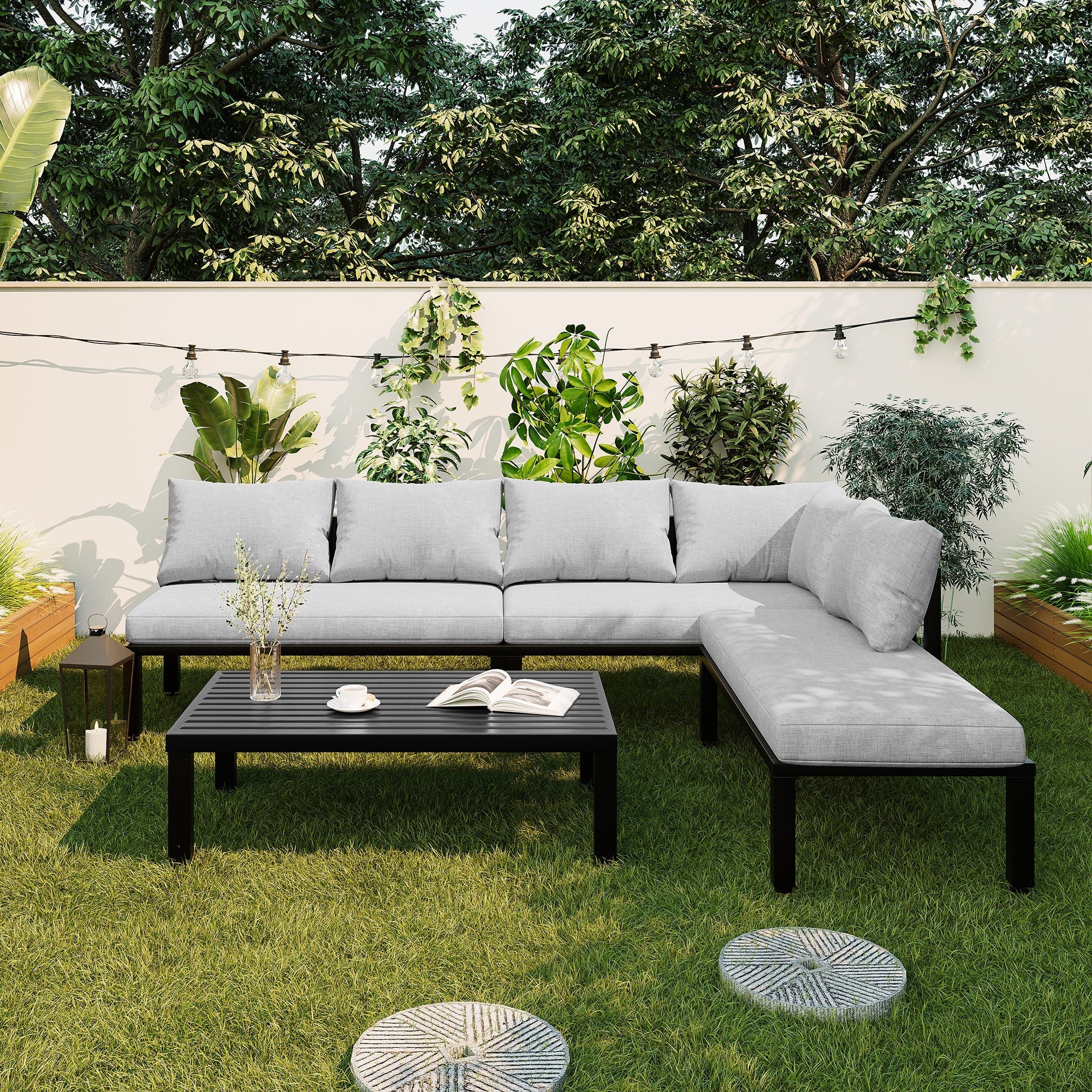 Garden Dining Set, 6-Seater Modular Lounge with Adjustable Legs and Removable Backrest, Grey Galvanized Iron