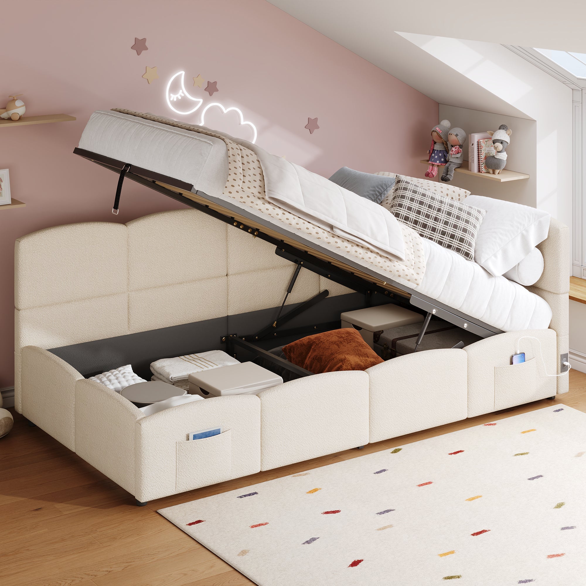 Upholstered Single Bed with USB Charger and Storage Bag, 90x200 cm, Beige Bouclé