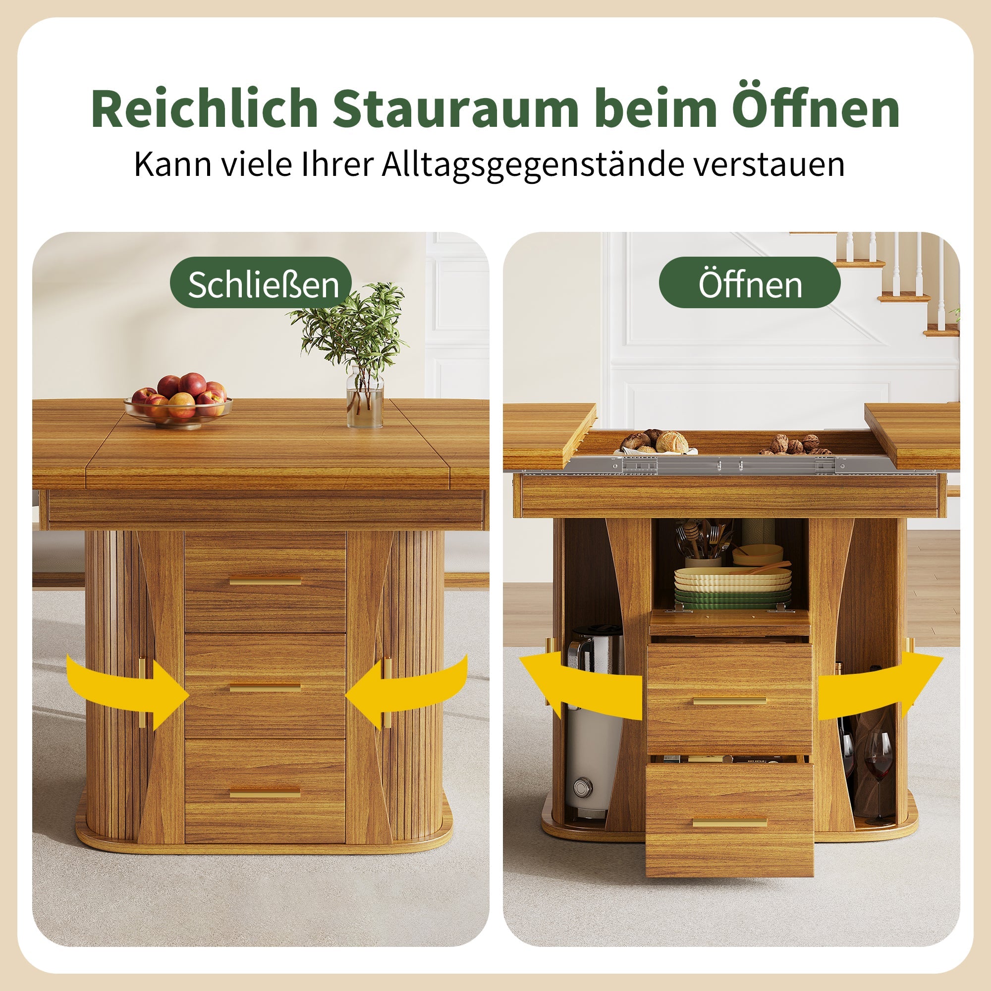 Round Dining Table to Oval with Three-Tier Storage, 118-158 cm, Walnut