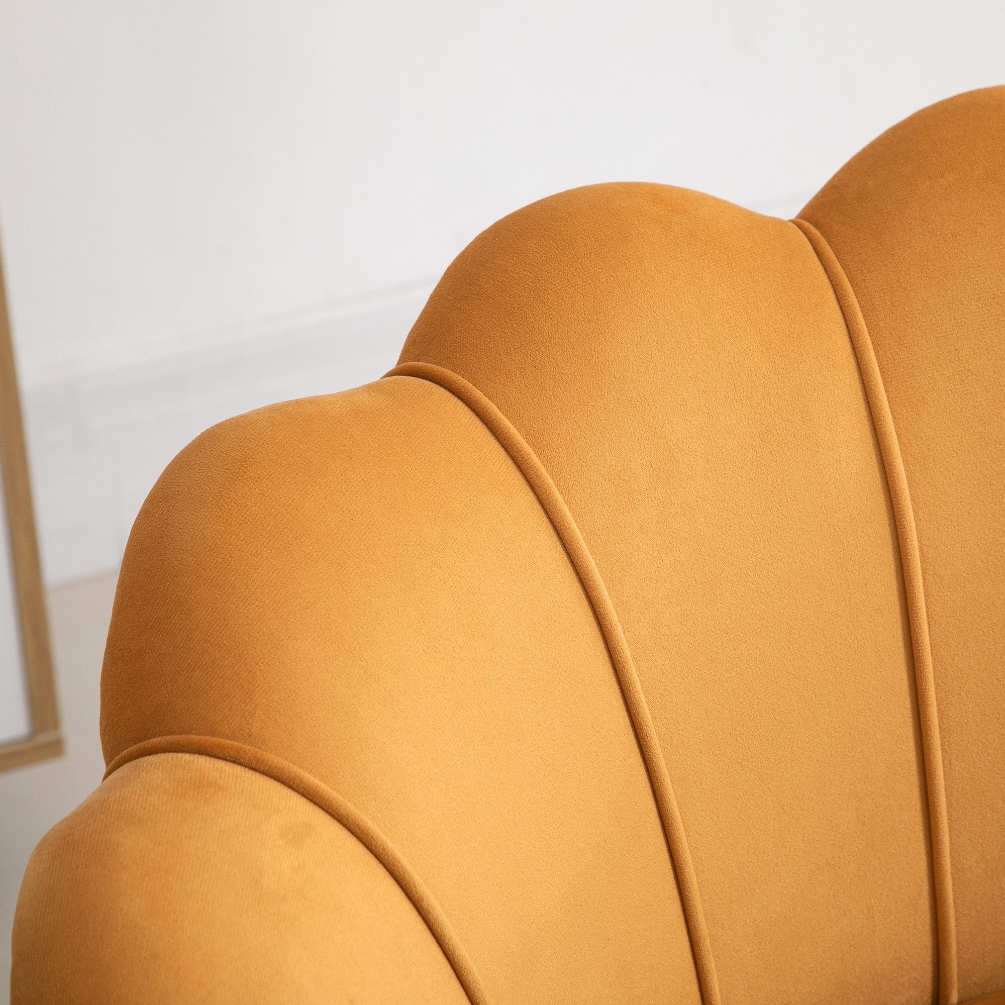 Armchair Upholstered, Shell Shape Relaxing, Metal Legs, Velvet, Yellow