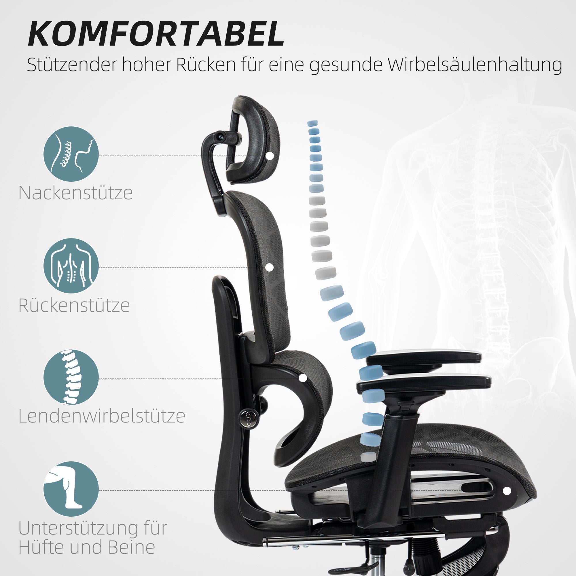 Office Chair Ergonomic Mesh Swivel Reclining Footrest, Black