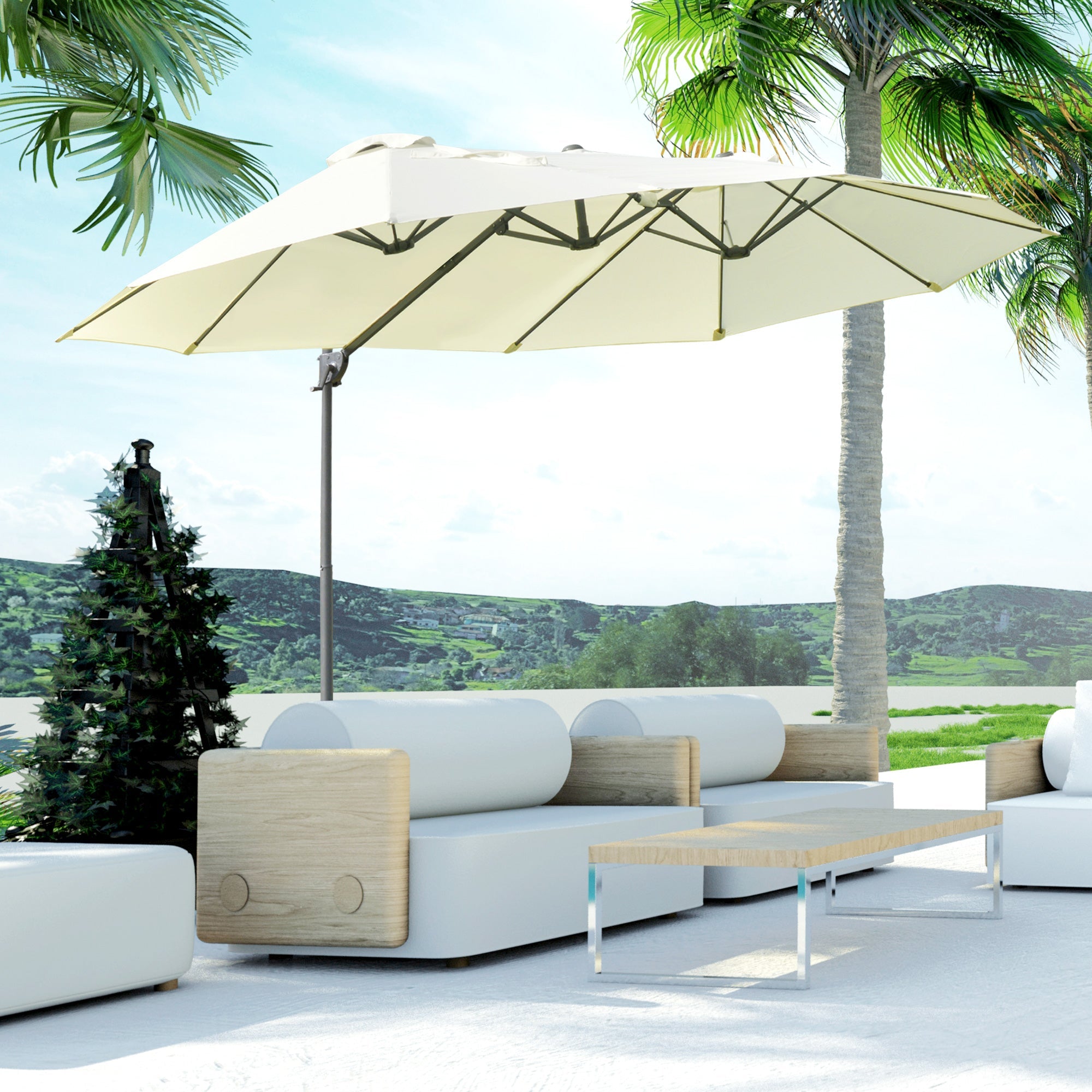 Double Parasol Cantilever Sun Protection Adjustable Crank Metal Cream White