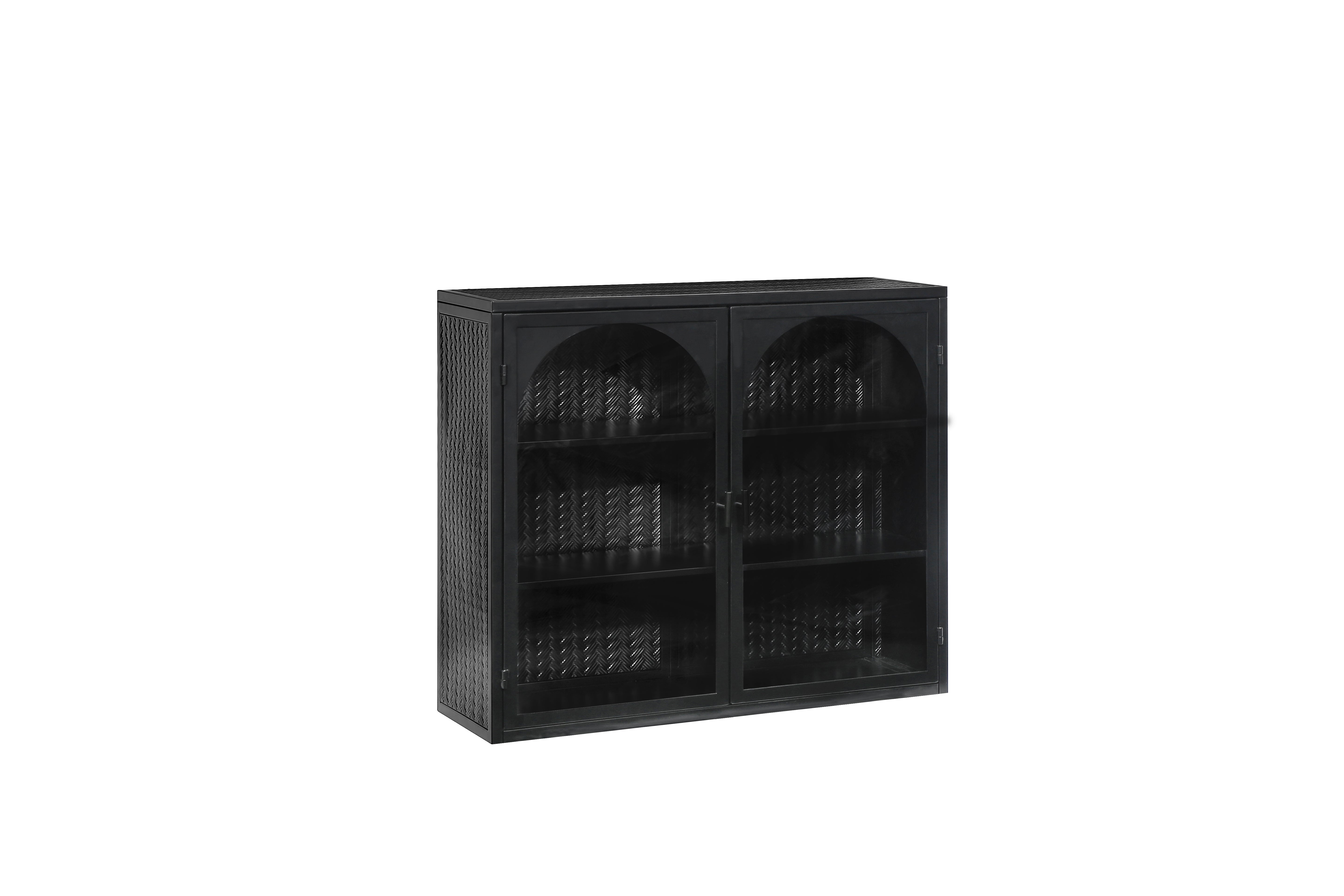 Wall Cabinet 70CM Glass Doors Two-door Three-tier Storage Woven Pattern Black