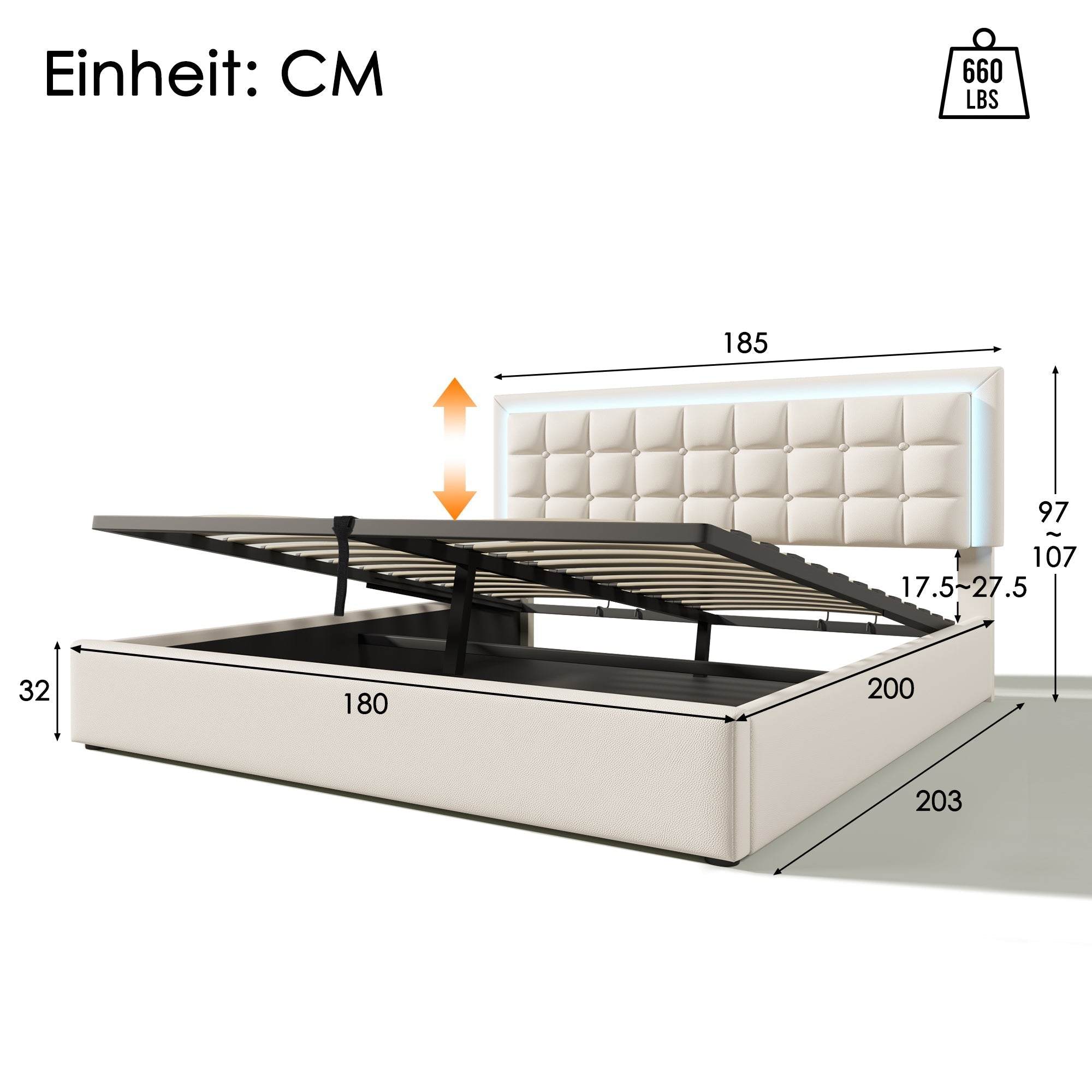 Upholstered Bed, 180x200cm LED Storage Double, White Artificial Leather