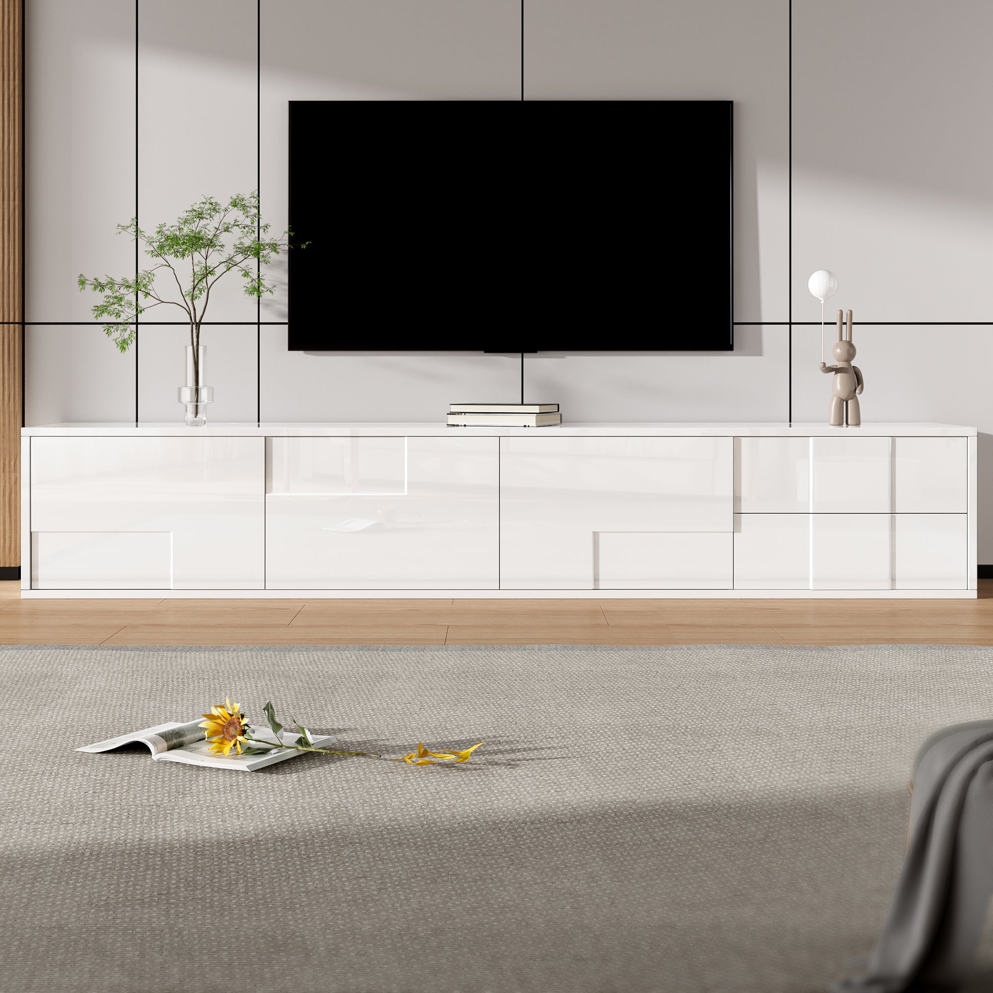 Modern TV Stand 170cm, Floating/Freestanding, 3 Doors 2 Drawers, High-Gloss White