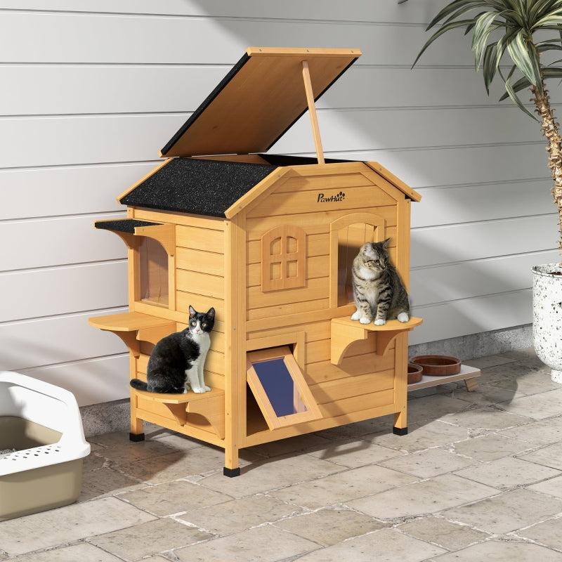 2-story Cat House Outdoor, Weatherproof Cat Enclosure with Escape Door, Openable Roof, Jumping Platforms, Natural Wood