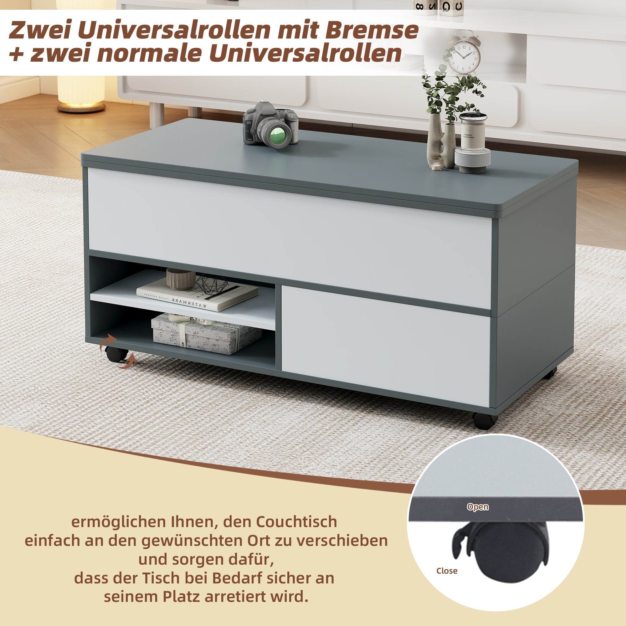 Coffee Table, 100x98x65cm Height-Adjustable Multifunctional with Hidden Storage & Wheels, Grey and White Splices