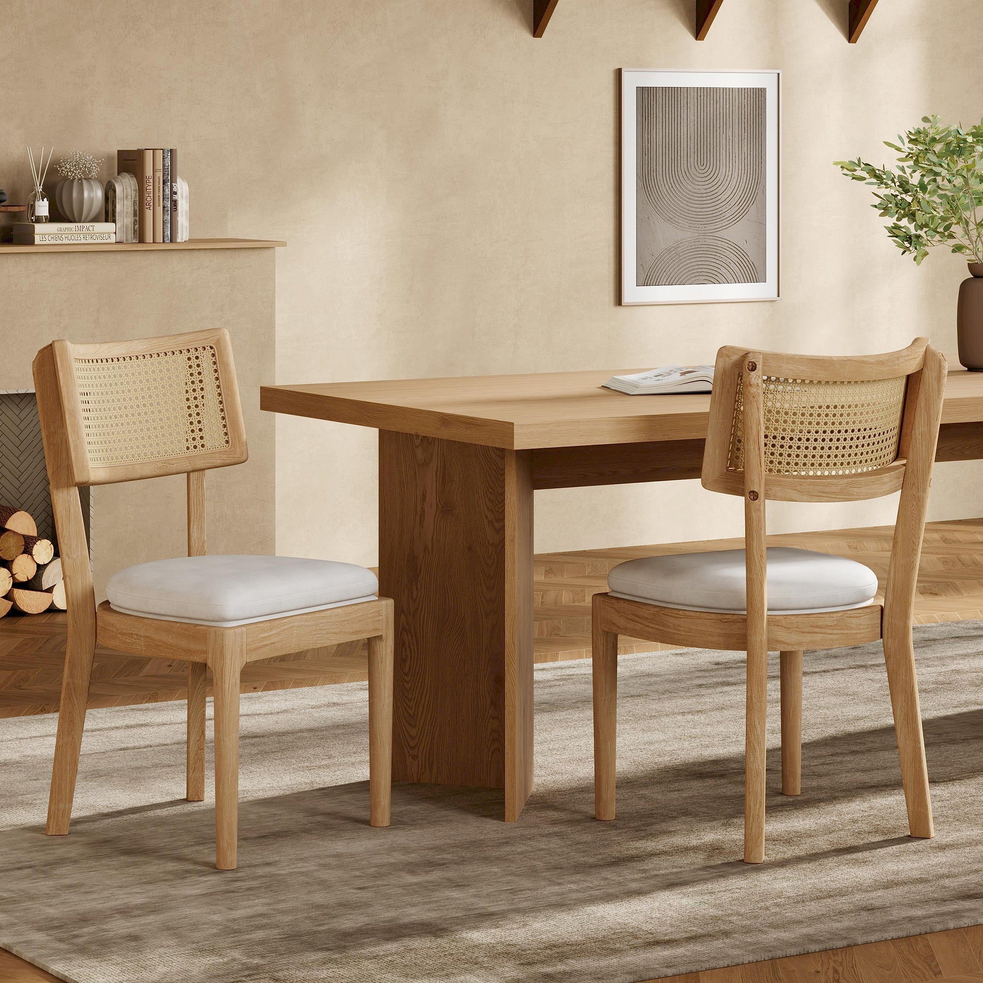 6 Solid Wood Dining Chairs with Rattan Backrests, Linen, Wood Color