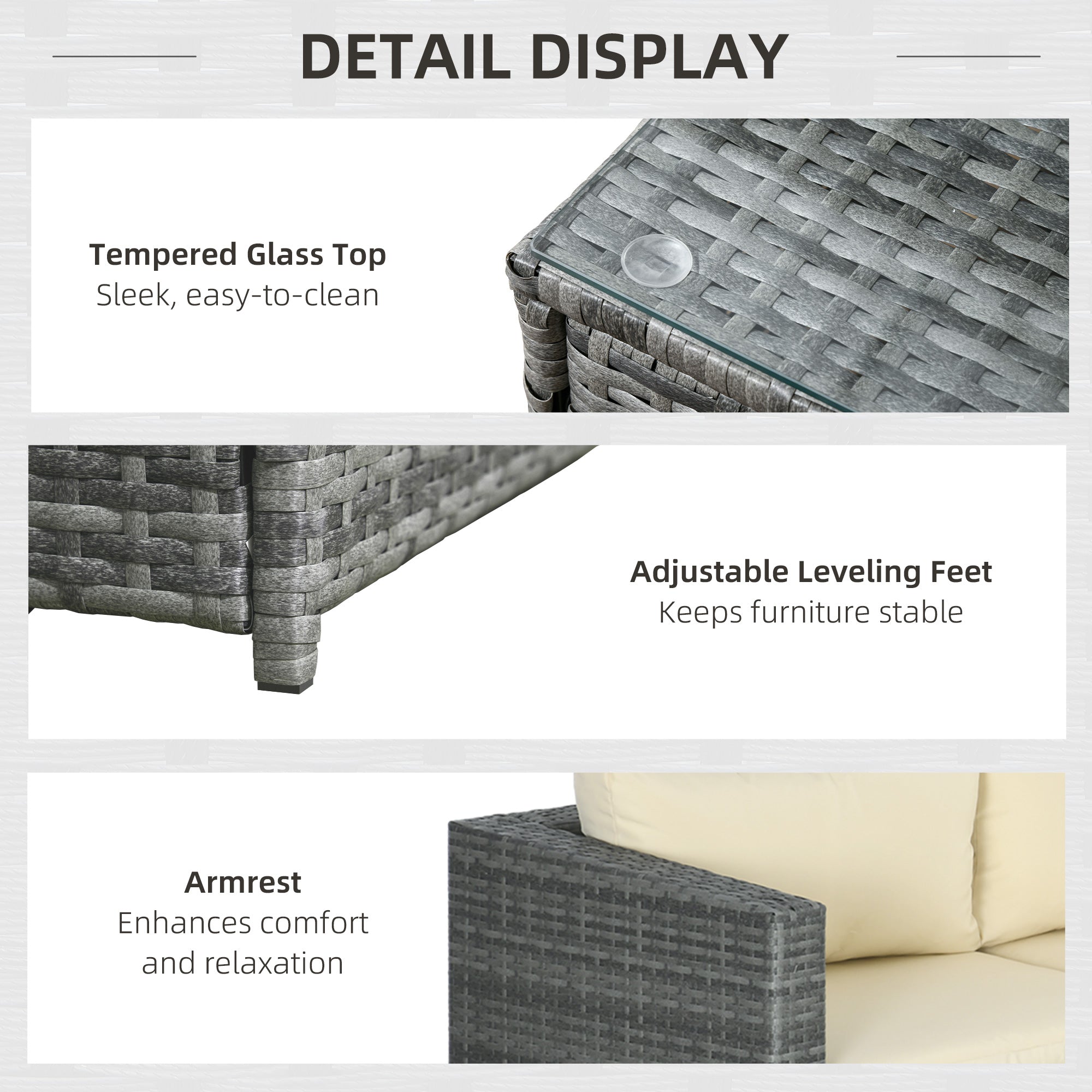 3 Pieces PE Rattan Garden Furniture Set, 4 Seater Corner Sofa, Glass Top Table, Beige