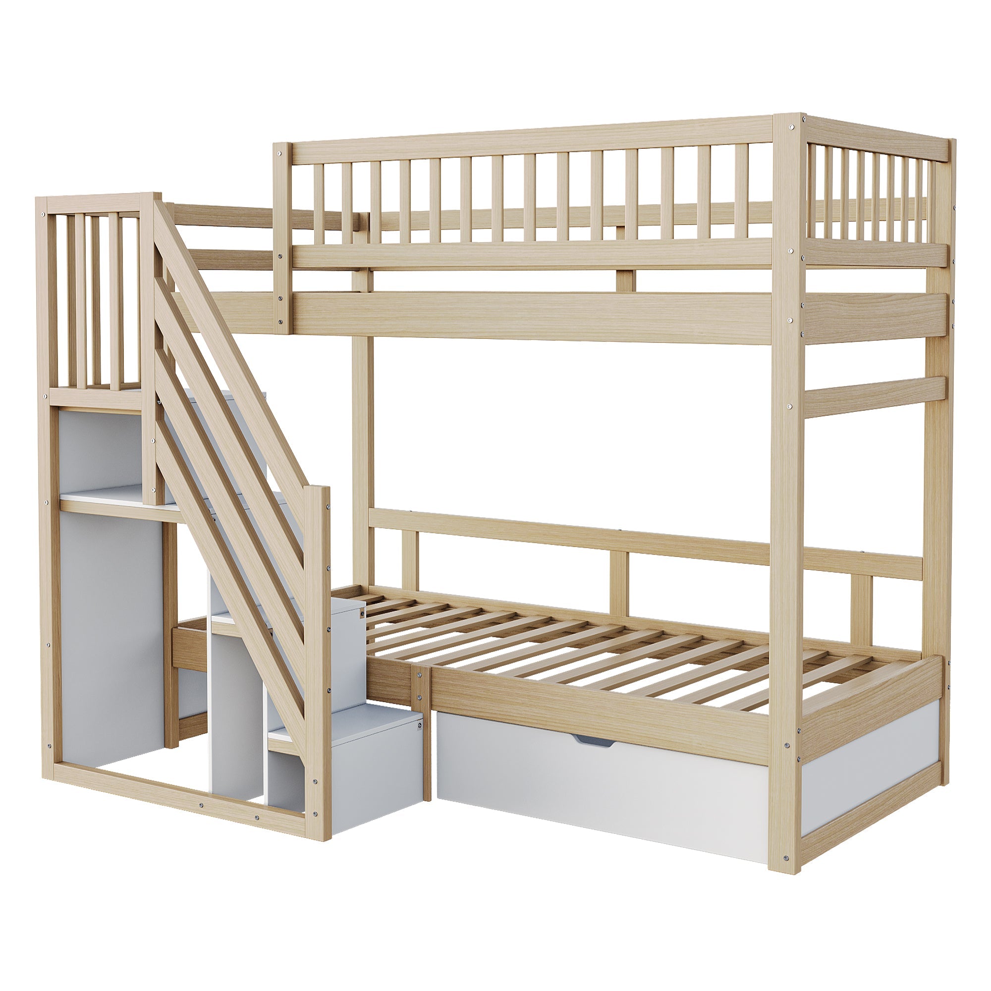Bunk Bed, Solid Wood 90x200cm with Safety Rail, Slatted Frame, Storage Ladder & Drawers, Wood Color