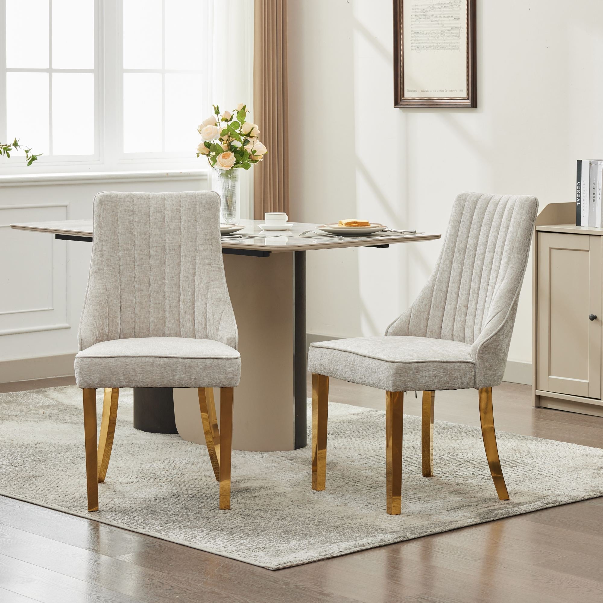 Chenille Dining Chairs Set of 2, Channel Upholstered, Golden Stainless Steel Legs, Beige