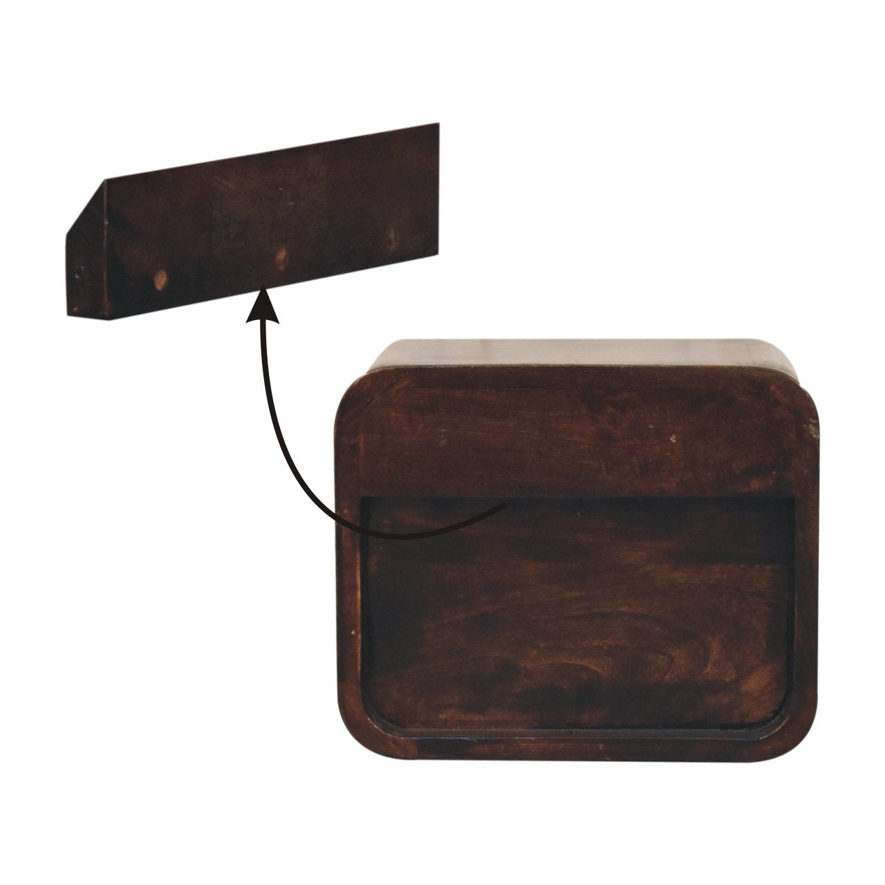 Solid Wood Bedside, Mini Curved Wall Mounted w/ Open Slot & 1 Drawer, Dark Brown