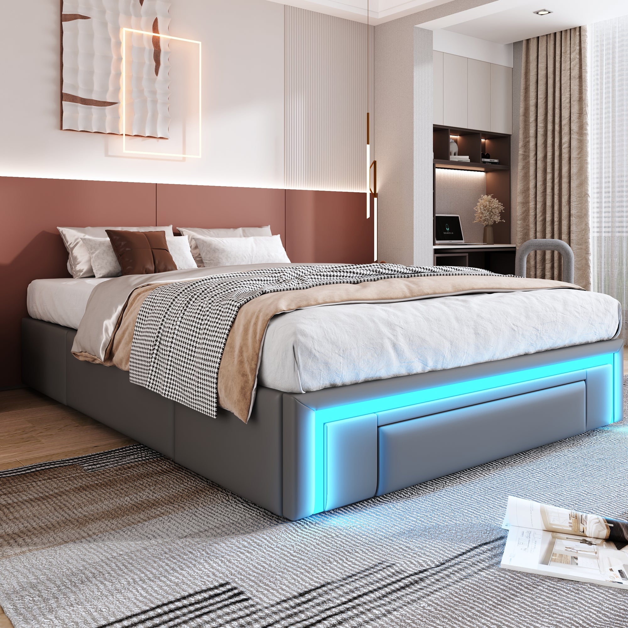 Bed Frame 140x200 with Drawers, LED Light Bar, Metal Slatted Platform, PU Leather, Gray