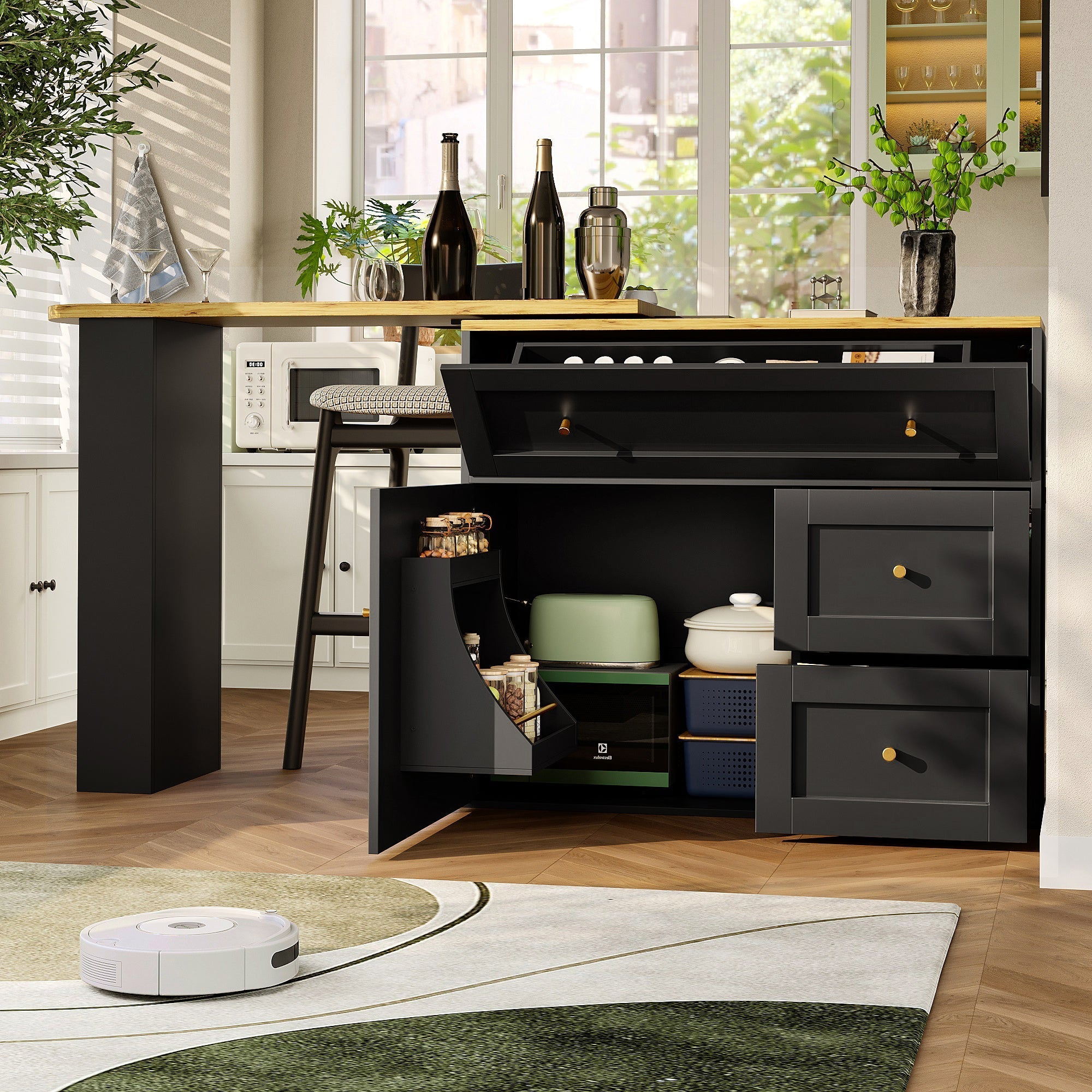 Extendable Bar Table with Storage and Snack Shelf, Black