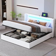 Upholstered Bed 160x200 with LED, Bluetooth, USB, Storage, PU Leather White