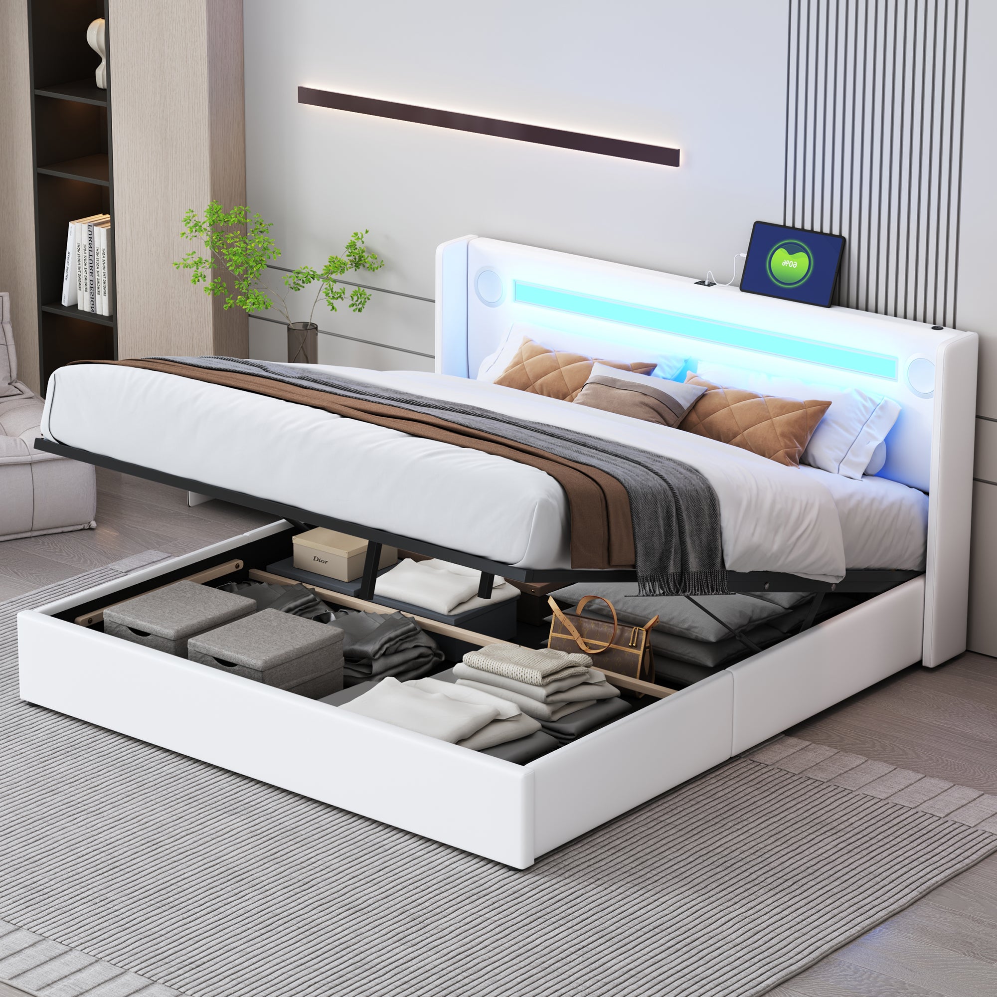 Upholstered Bed 160x200 with LED, Bluetooth, USB, Storage, PU Leather White
