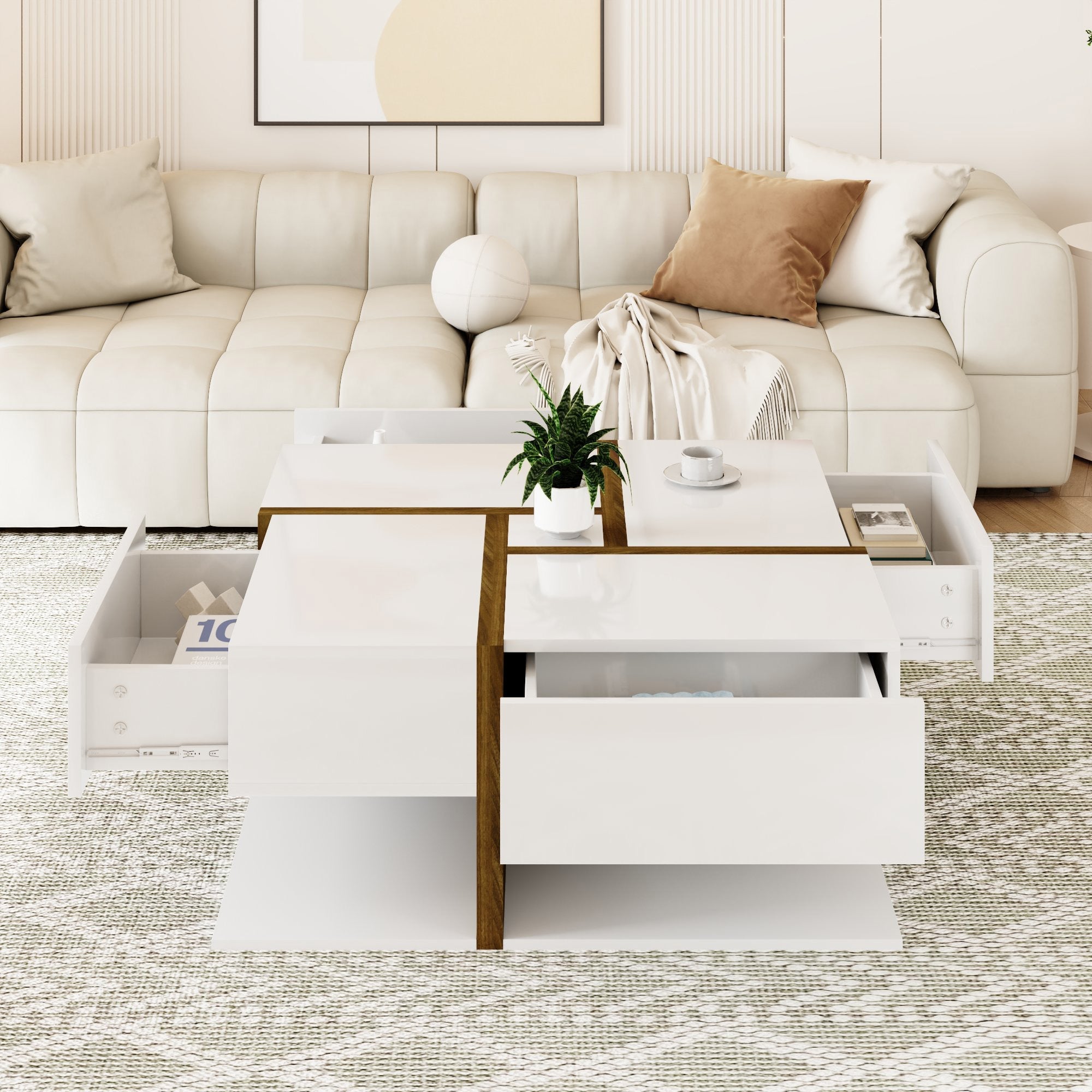 Coffee Table, 4-Drawer with Storage, High-Gloss