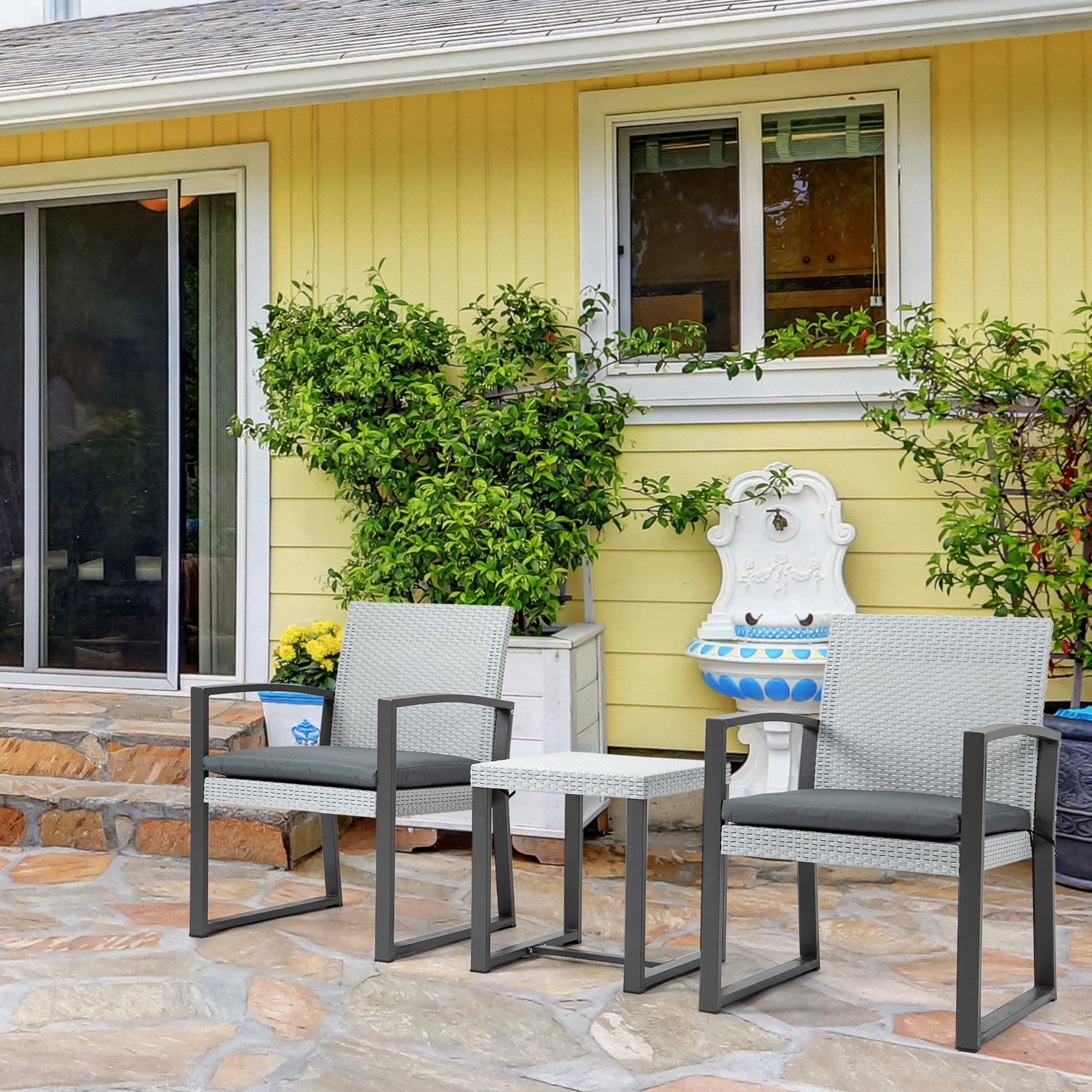 Rattan Seating Set, 3-Piece with Dining Table, Steel & Polyester, Black/Grey