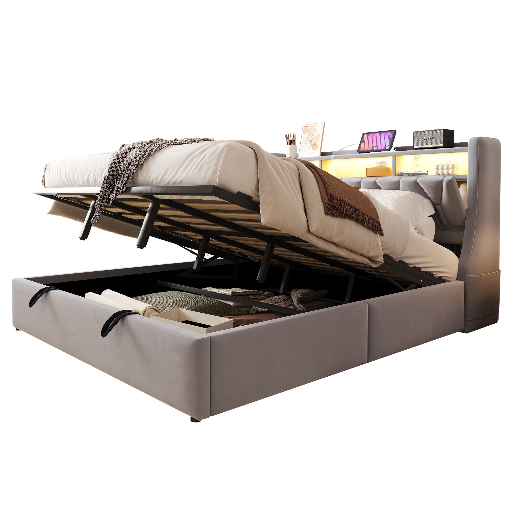 Upholstered Bed 180x200cm Hydraulic Storage Headboard with Power Outlet LED Light Grey Velvet