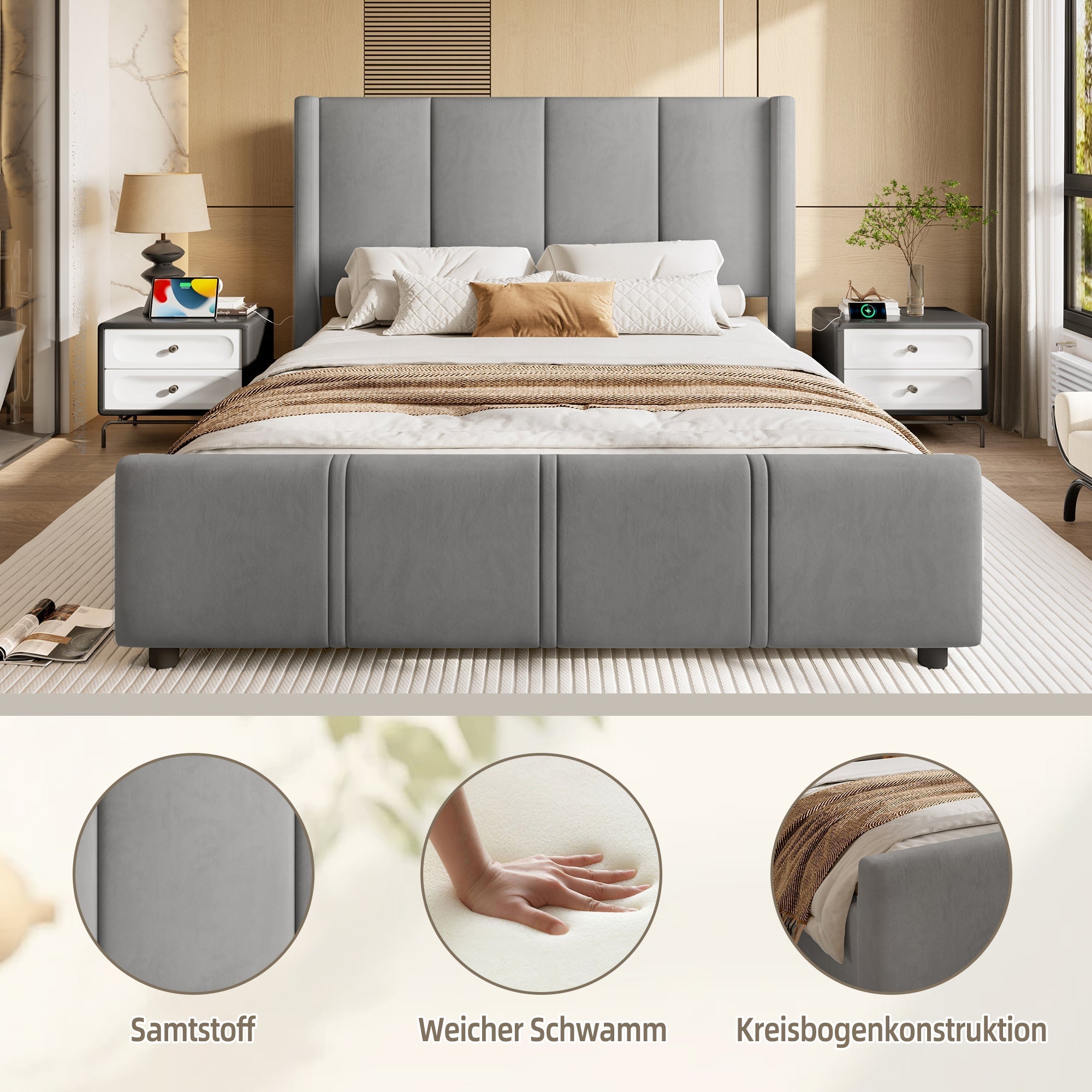 Upholstered Bed Frame, 160x200cm Modern with USB Port, Iron & Wood, Grey