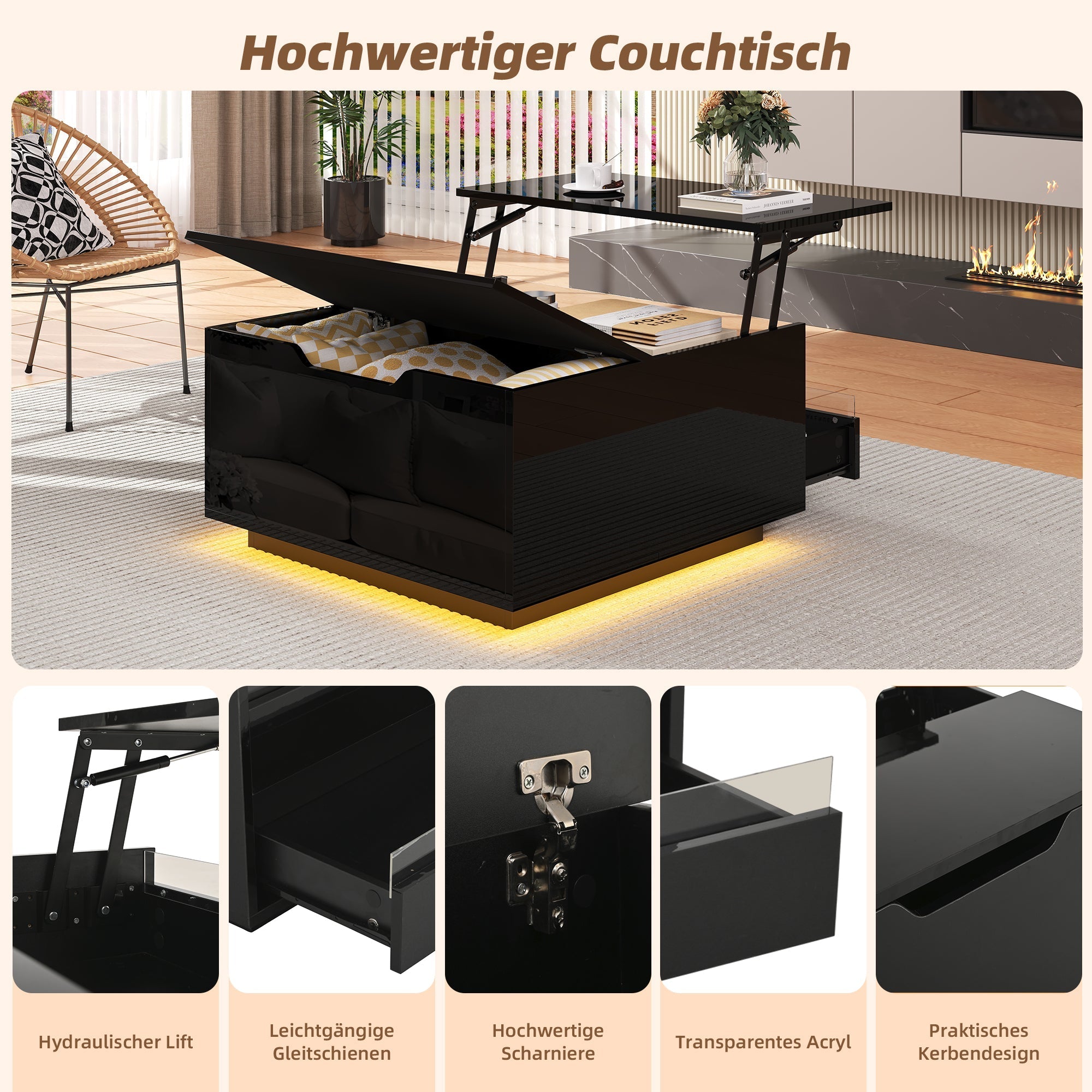 Living Room Coffee Table, Liftable with LED Light Strip, 1 Drawer, Hidden Storage & Flip-Up Doors, High-Gloss Black