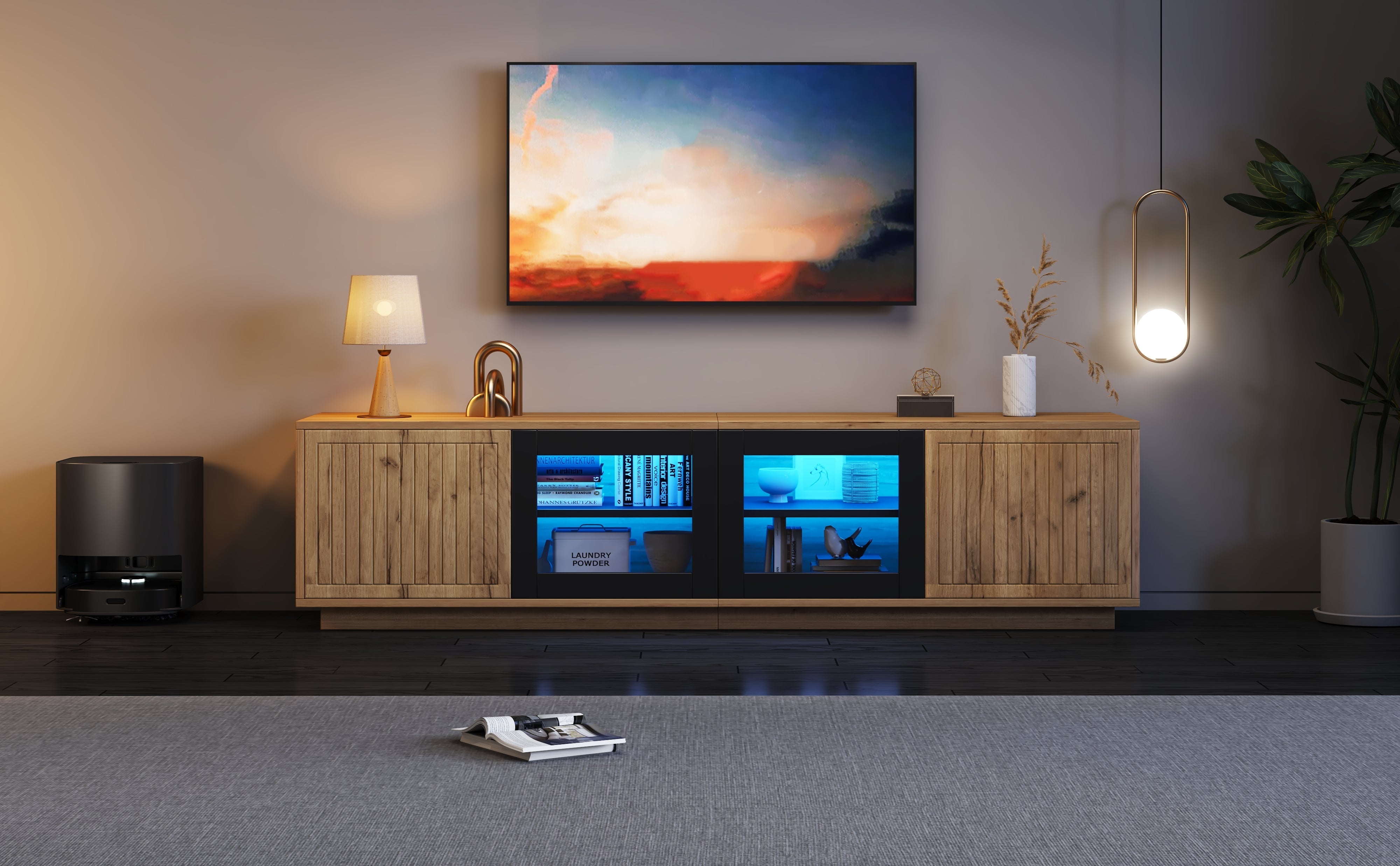 TV Cabinet 180cm for 75 Inch TV, LED Light Strip, Natural Wood & Black Glass