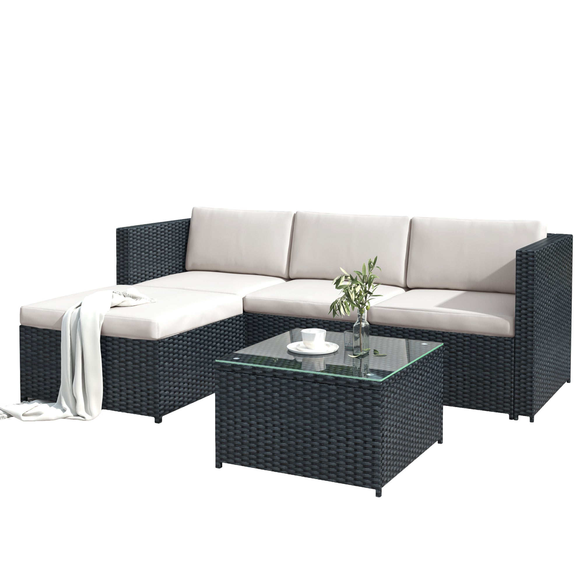 Polyrattan Lounge Sofa Set with Cushions and Glass Top Table, Black