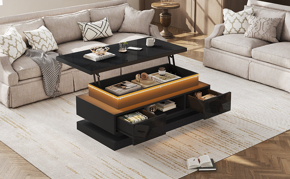 Lift-Top Coffee Table High-Gloss with LED Lighting 2 Drawers Hidden Storage Black Chipboard
