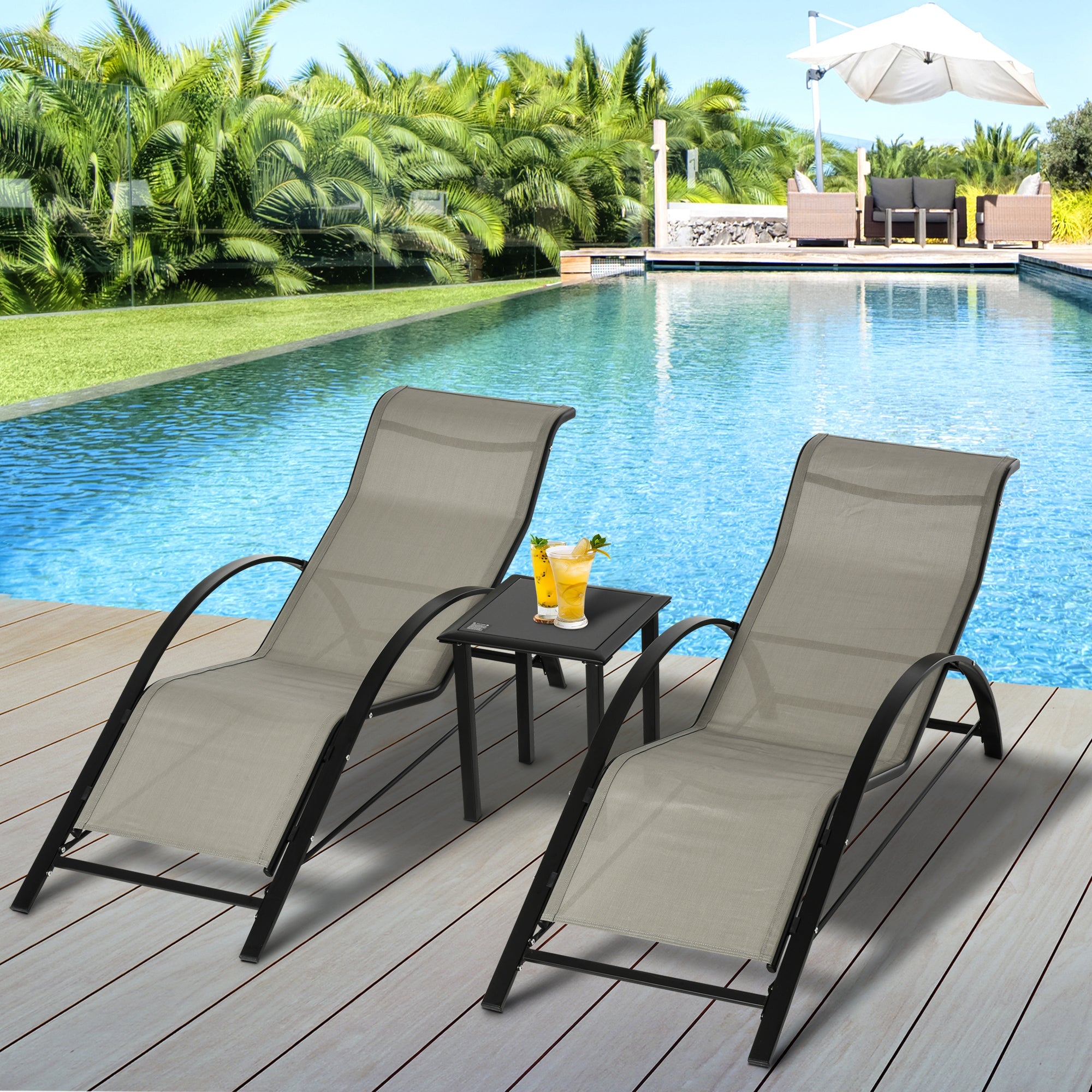 3 Pieces Sun Lounger Chair Set, Outdoor Recliner with Side Table and Armrest, Metal Frame, Grey