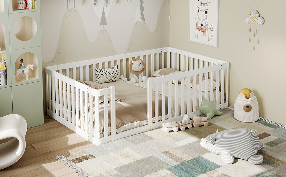 Wooden Bed Frame with Safety Fence, 90x200cm, White Pine Wood