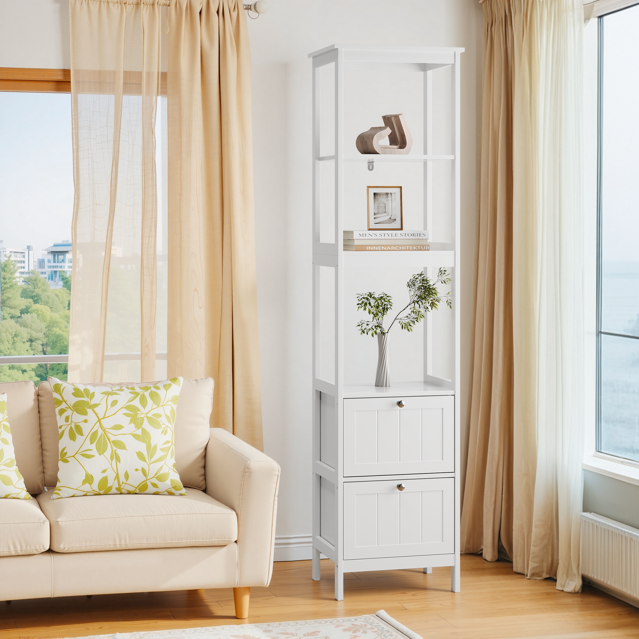 Narrow Tall Cabinet, Bathroom Freestanding with 2 Drawers & 3 Shelves, Wooden White